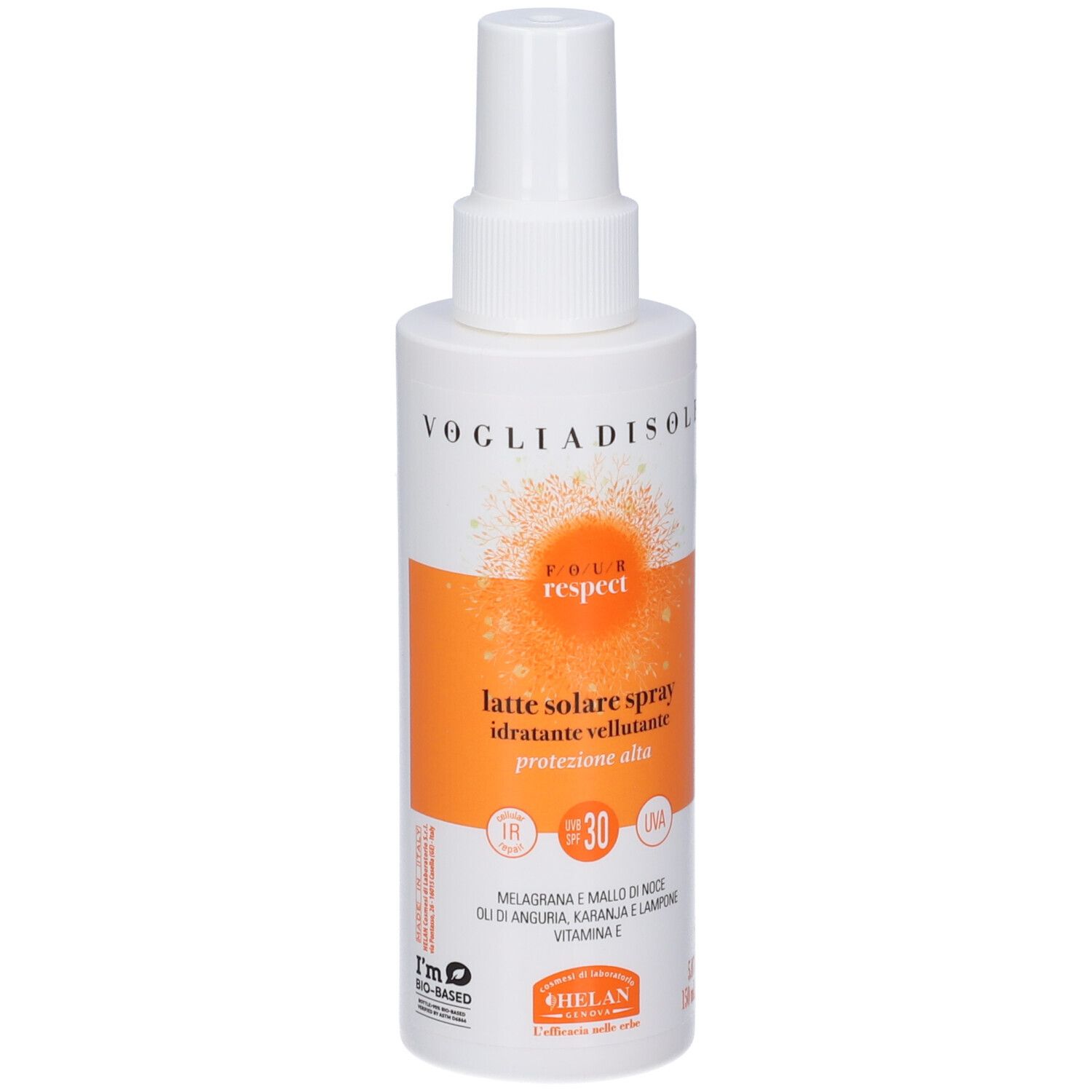 Spray bianco con etichetta arancione. Testo: VOGLIADISOLE, RESPECT, Latte Solare Spray SPF30. Resistente all'acqua.