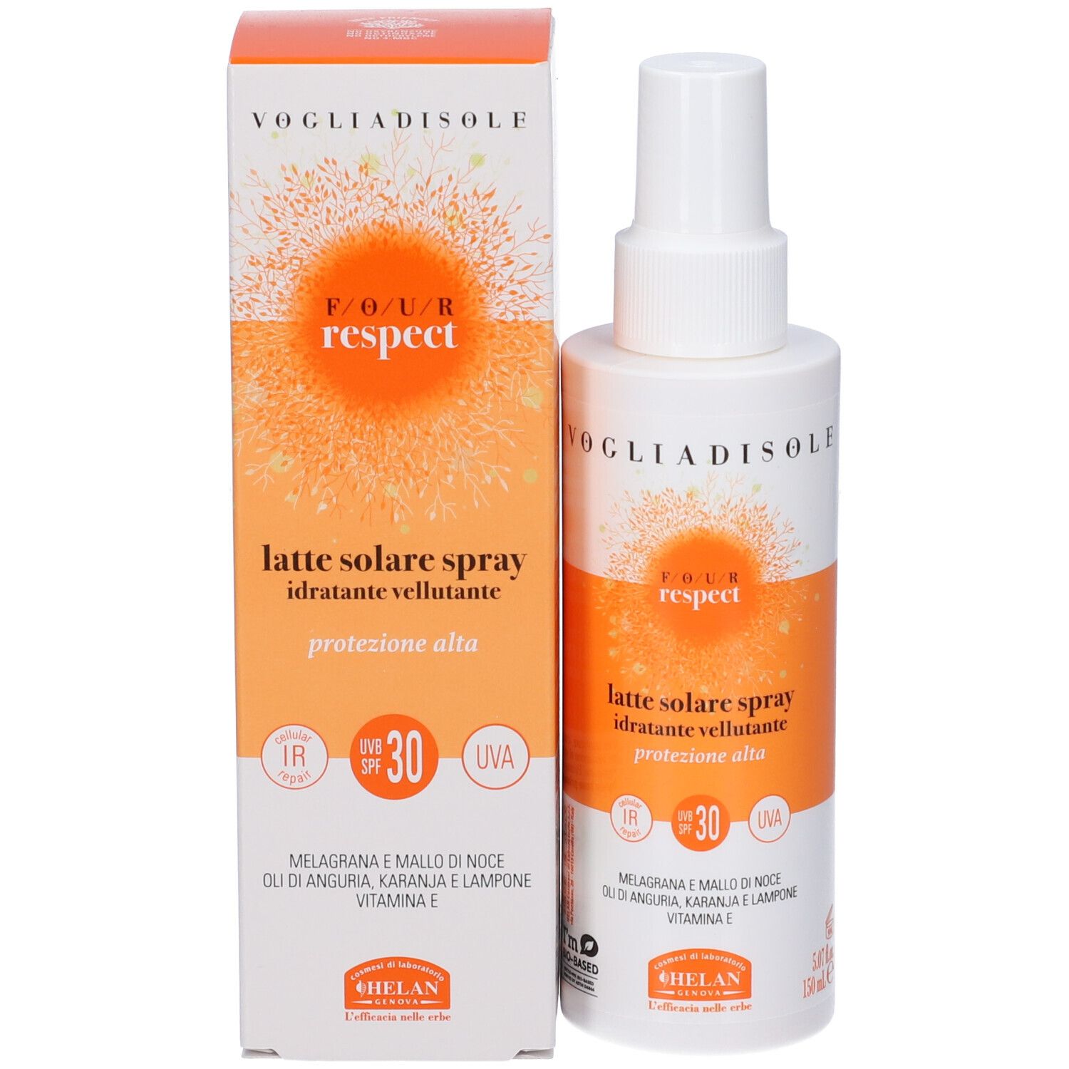 Confezione prodotto con spray e scatola. Testo: VOGLIADISOLE, RESPECT, Latte Solare Spray SPF30. Resistente all'acqua.