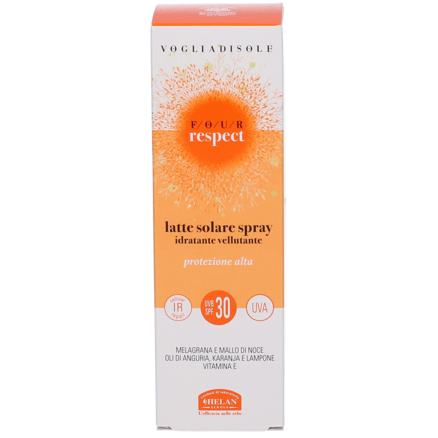 Confezione prodotto con scatola. Testo: VOGLIADISOLE, RESPECT, Latte Solare Spray SPF30. Resistente all'acqua.