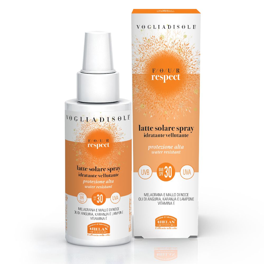 Confezione prodotto con spray e scatola. Testo: VOGLIADISOLE, RESPECT, Latte Solare Spray SPF30. Resistente all'acqua.