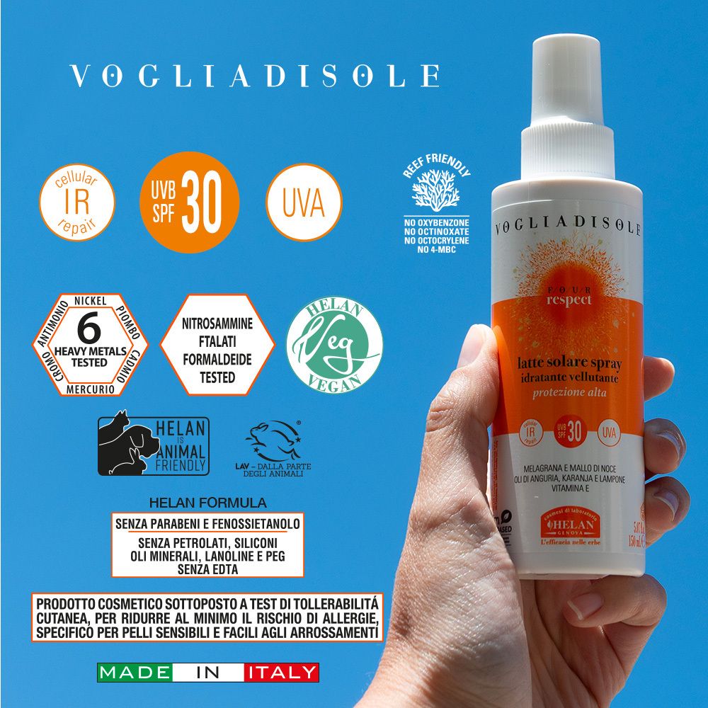Mano che tiene uno spray. Testo: VOGLIADISOLE, Latte Solare Spray, SPF30. Vegano, testato al nichel, Made in Italy.