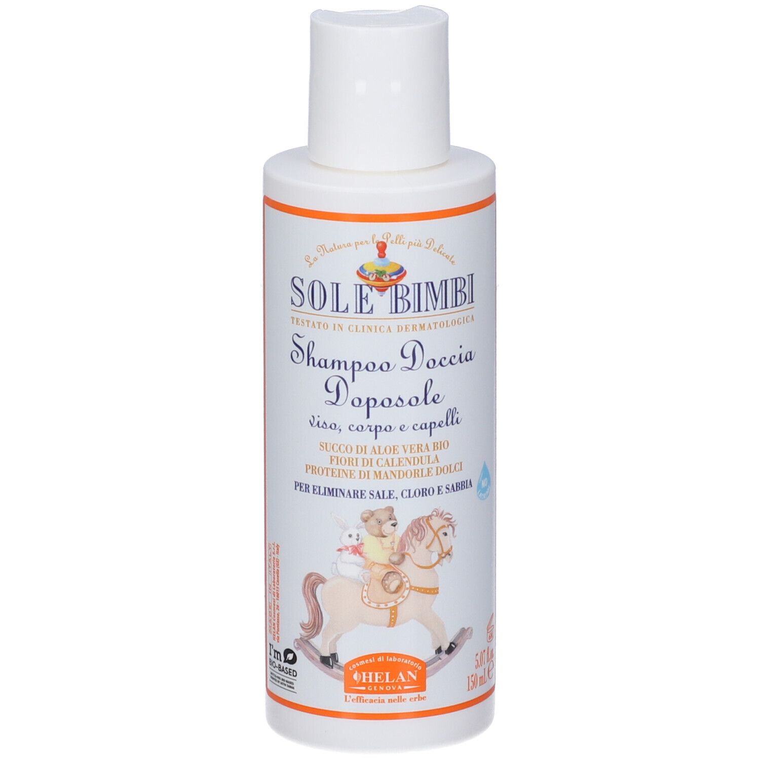 Flacone bianco con tappo a ribalta. Etichetta con nome prodotto e illustrazioni. Marca: Helan SOLE BIMBI.