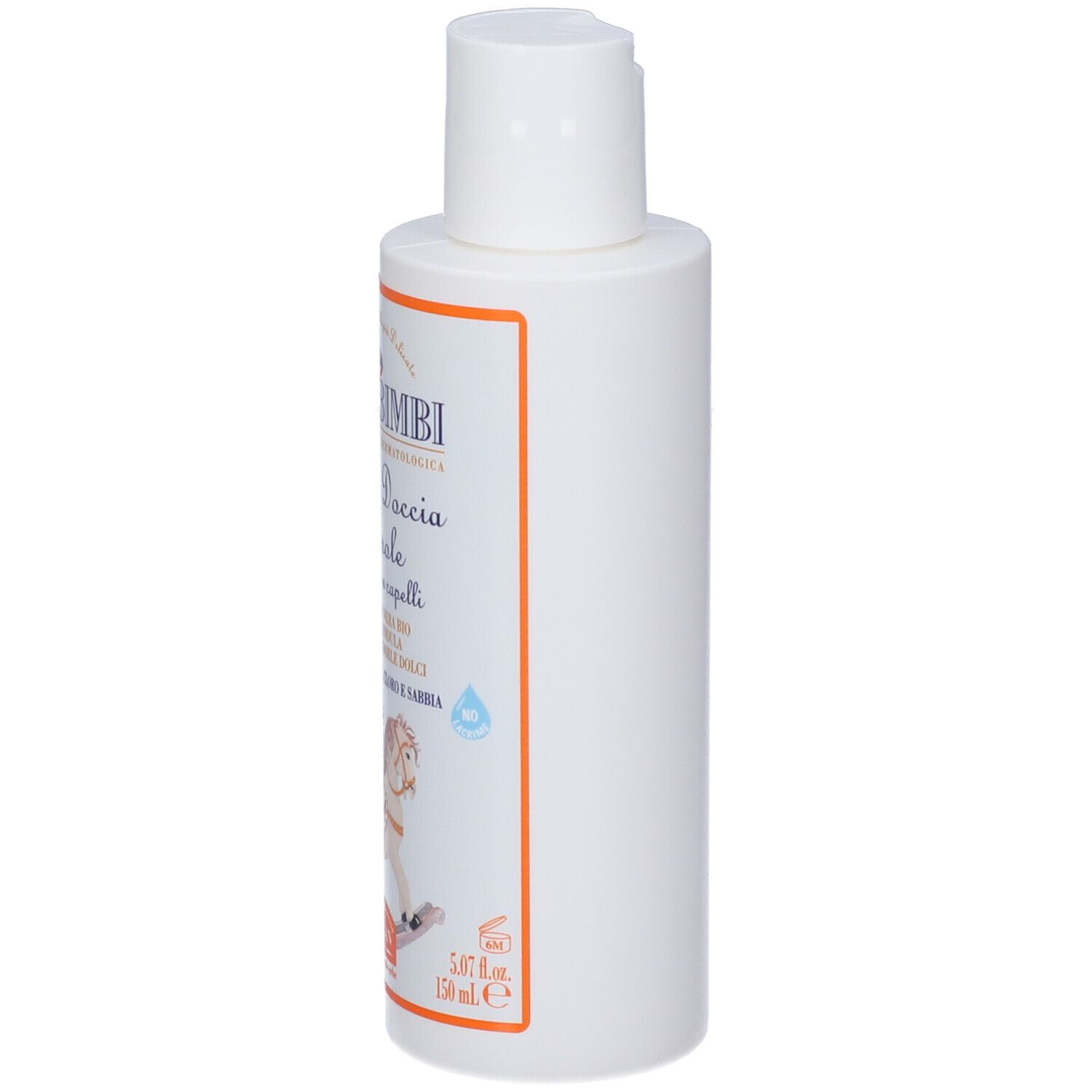 Flacone prodotto, vista laterale. Bianco con fascia arancione. Testo: 150 ml. Marca: Helan SOLE BIMBI.