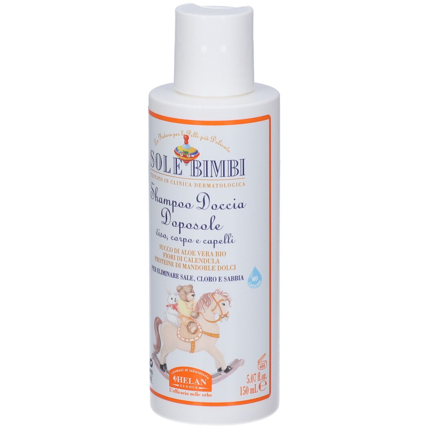 Flacone bianco con tappo a ribalta. Etichetta con nome prodotto e illustrazioni. Marca: Helan SOLE BIMBI.