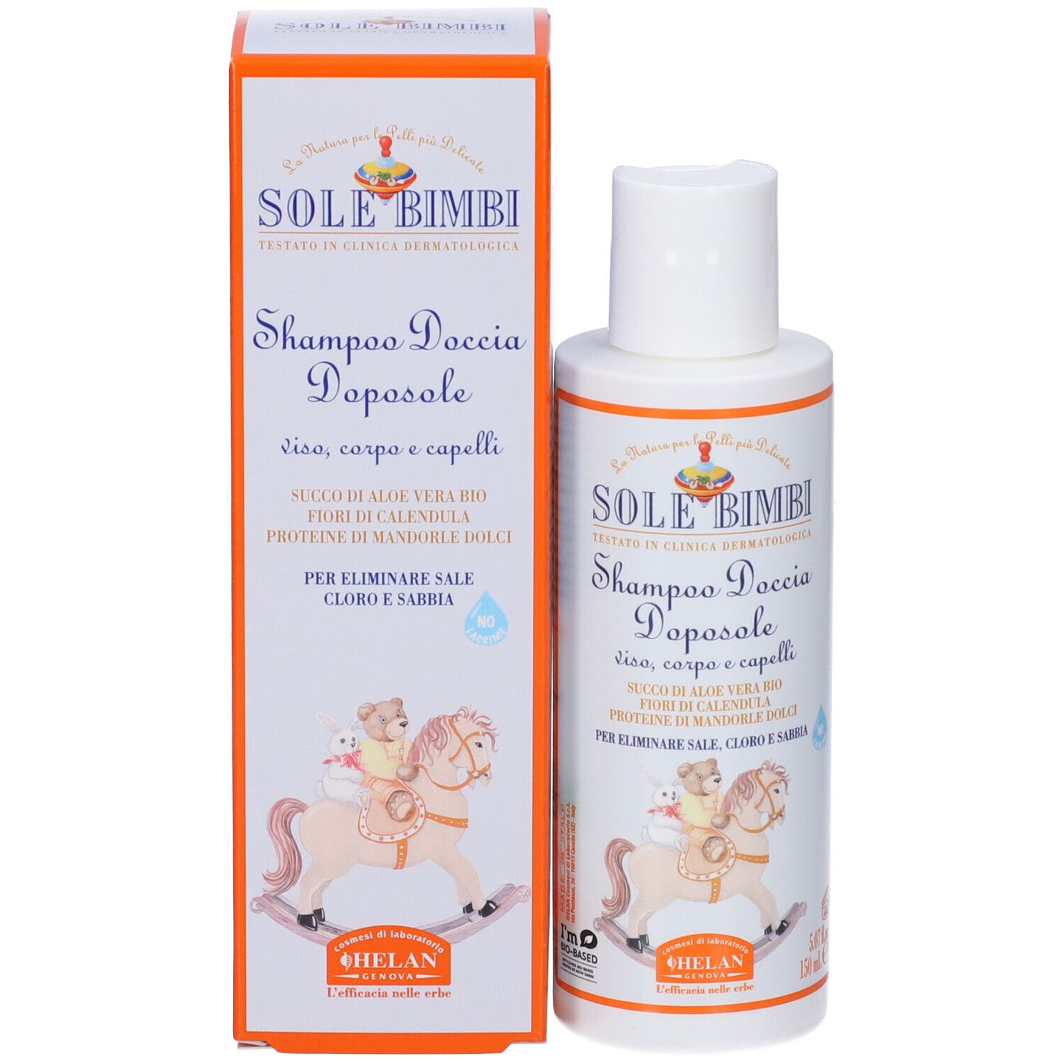 Confezione con nome prodotto e illustrazioni. Testo: SOLE BIMBI Shampoo Doccia Doposole. Marca: Helan.