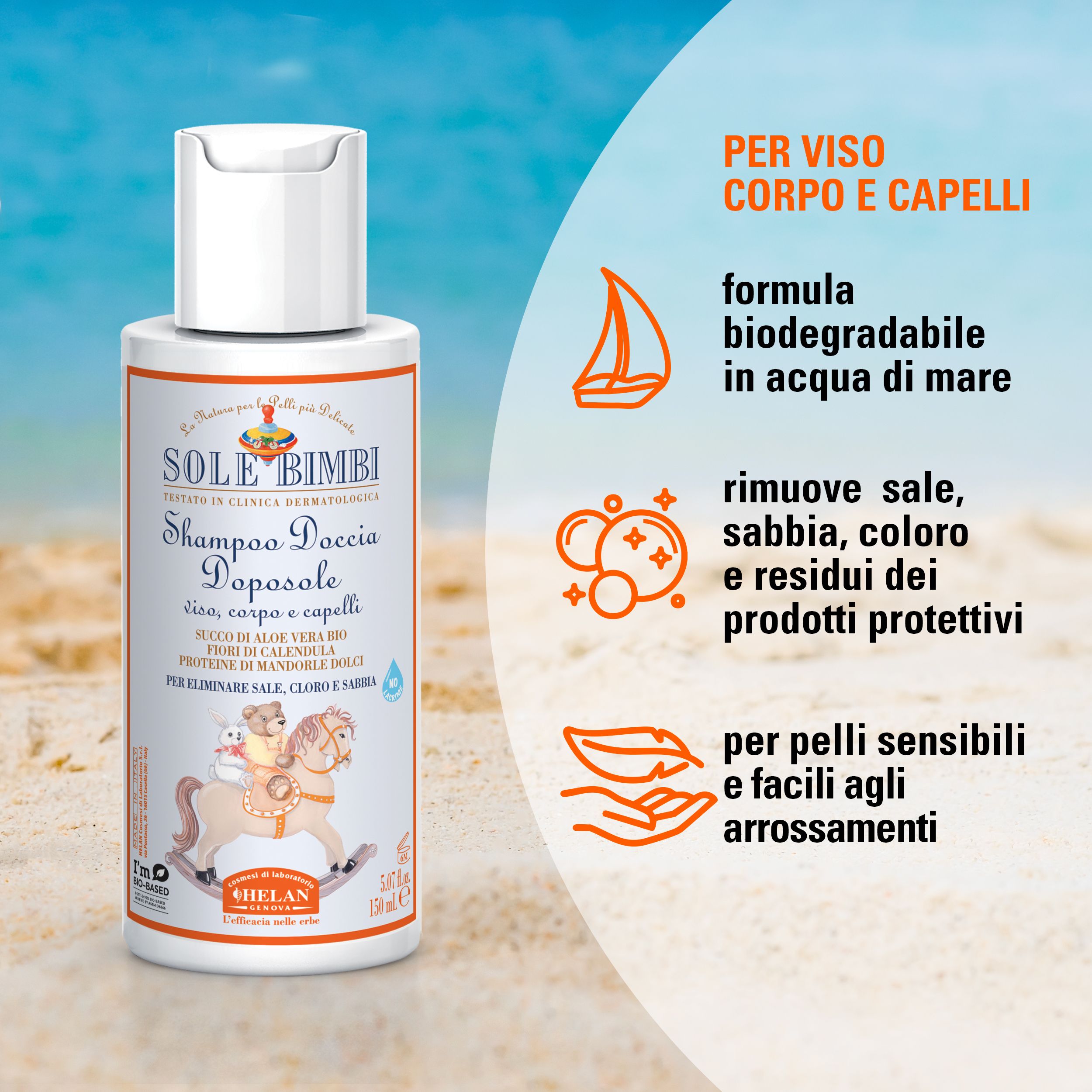 Flacone prodotto con testo. Testo: SOLE BIMBI Shampoo Doccia Doposole. Ingredienti e proprietà. Marca: Helan.