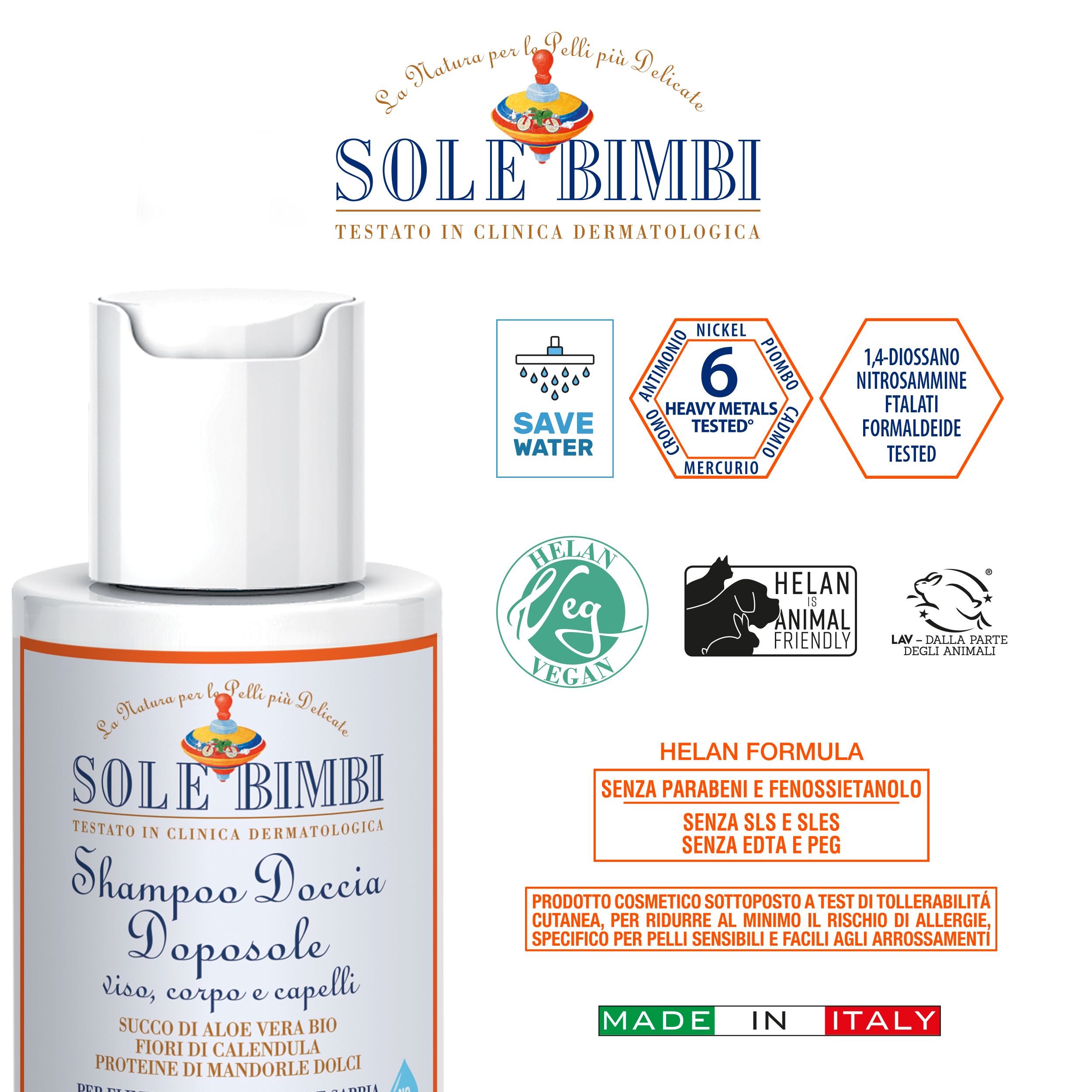 Flacone prodotto con testo e loghi. Testo: SOLE BIMBI Shampoo Doccia Doposole. Loghi: Veg, Animal Friendly, Made in Italy.