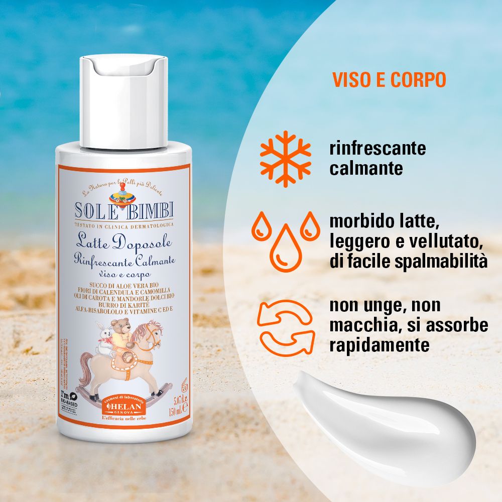 Flacone SOLE BIMBI Latte Doposole. Testo e illustrazioni. Blocchi di testo aggiuntivi. Tappo bianco. Sfondo.