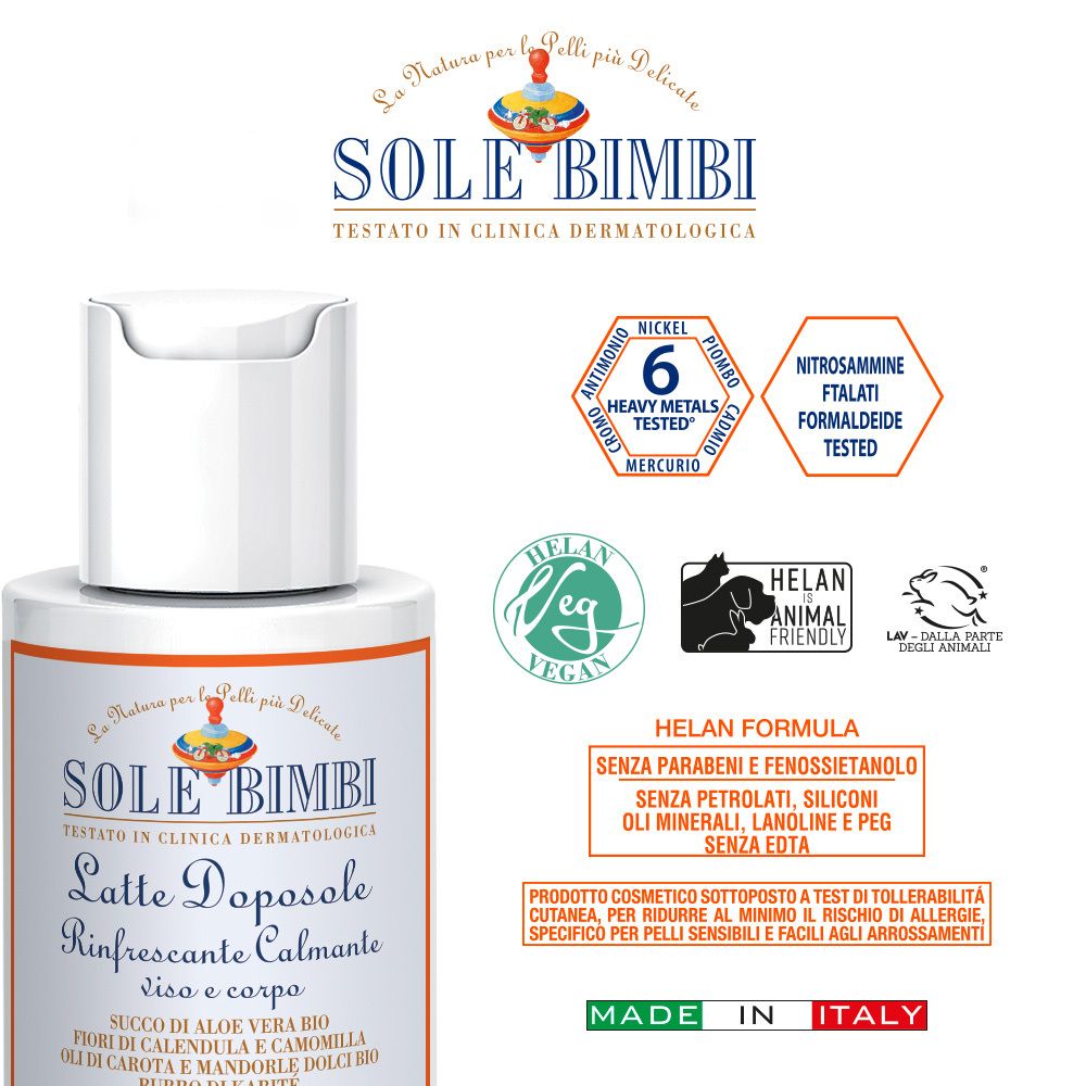 Flacone SOLE BIMBI Latte Doposole. Testo e illustrazioni. Loghi e testo. Tappo bianco. Made in Italy.