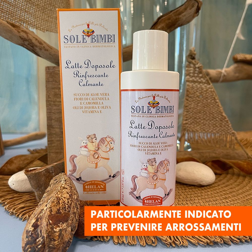 Flacone e confezione SOLE BIMBI Latte Doposole. Testo e illustrazioni. Testo arancione: Particolarmente indicato.