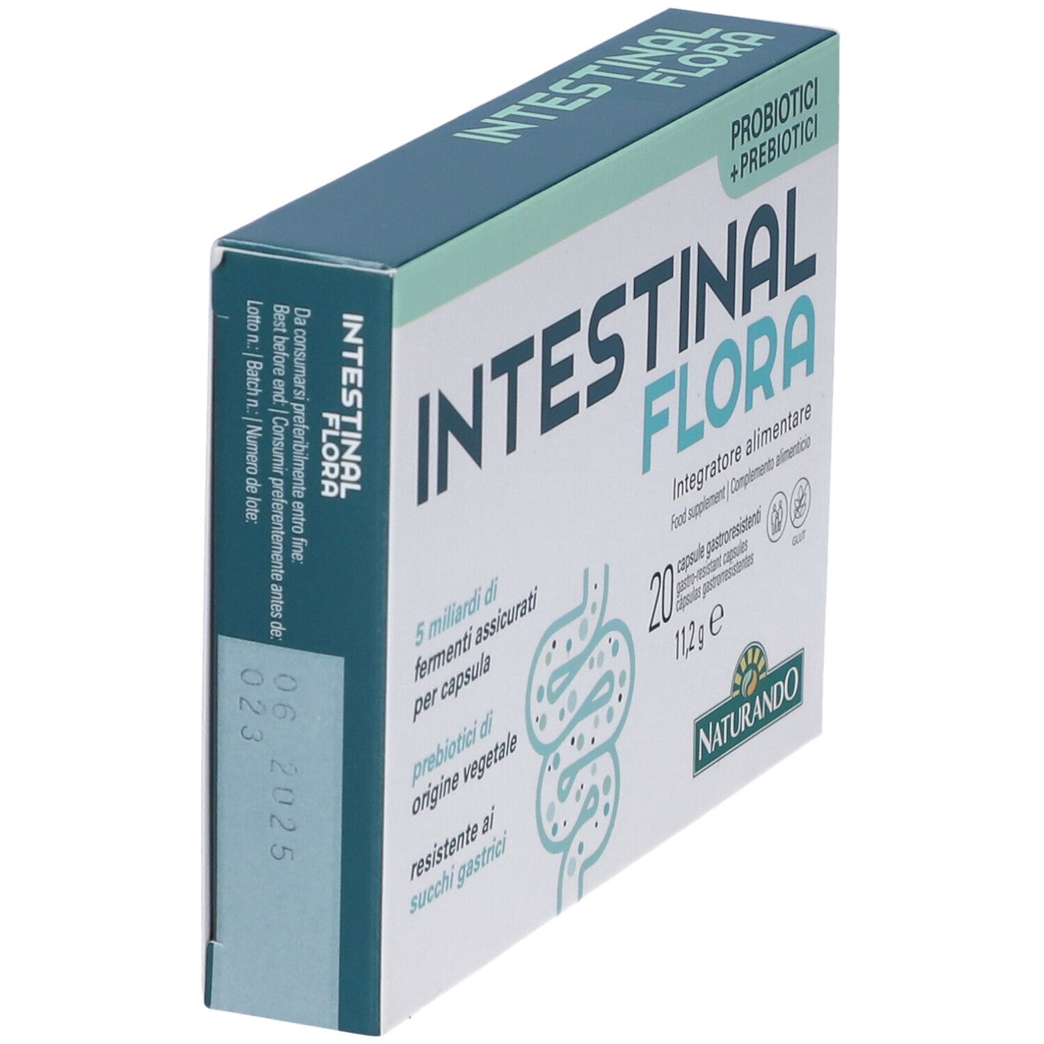 Scatola "Intestinal Flora" in prospettiva. Contiene 20 capsule. Scritta: "Probiotici + Prebiotici".