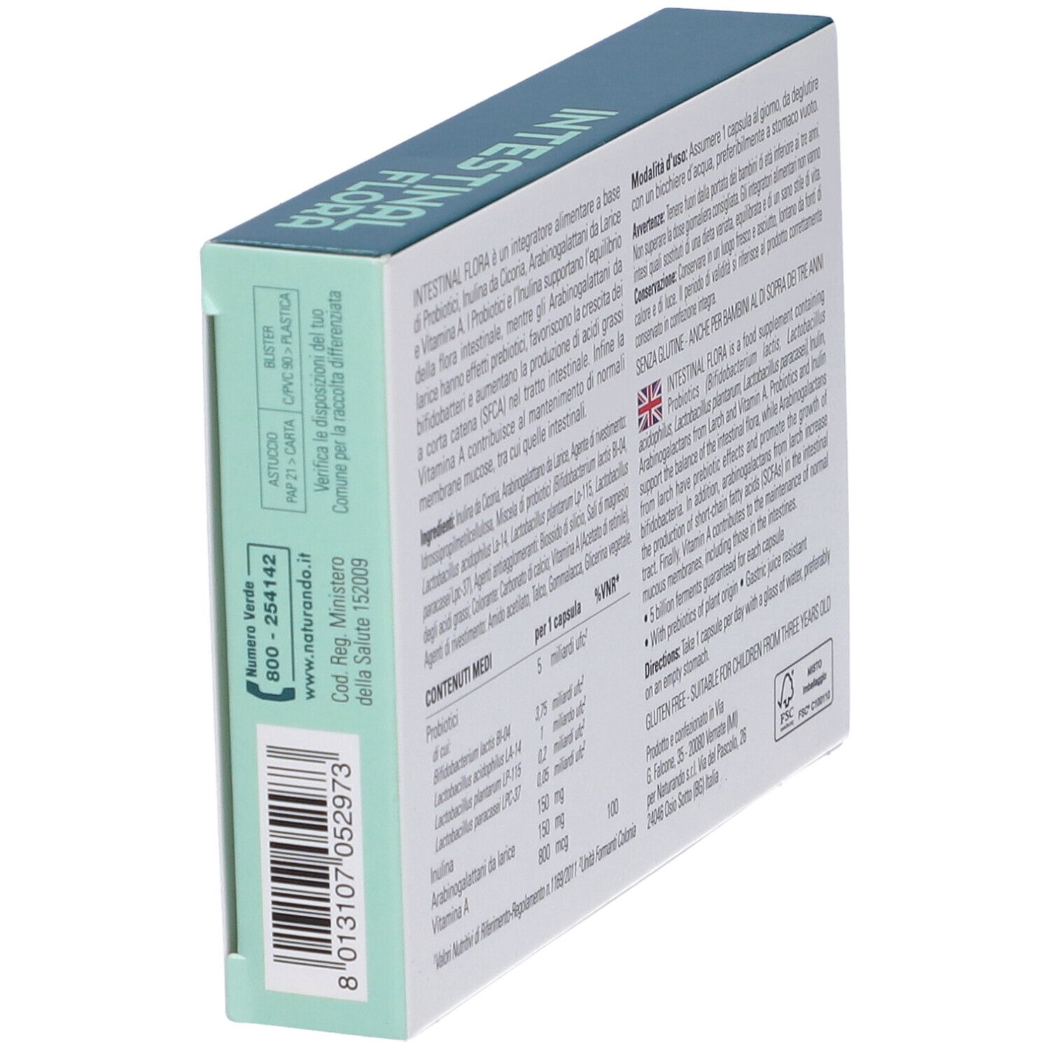 Scatola "Intestinal Flora" in prospettiva. Testo su ingredienti, uso e produttore. 20 capsule.