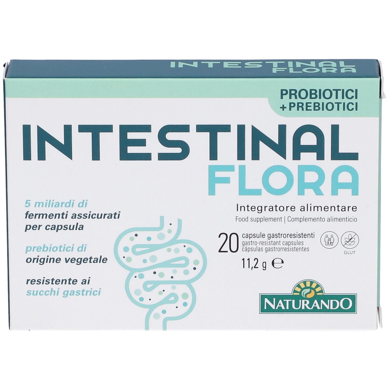 Scatola di capsule "Intestinal Flora". Contiene 20 capsule. Scritta: "Probiotici + Prebiotici".