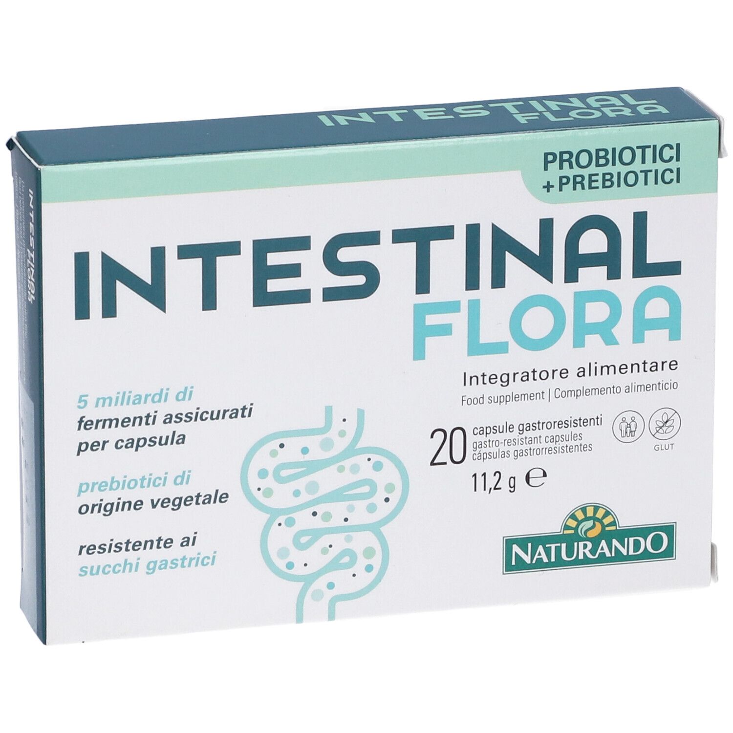 Scatola "Intestinal Flora" in prospettiva. Contiene 20 capsule. Scritta: "Probiotici + Prebiotici".