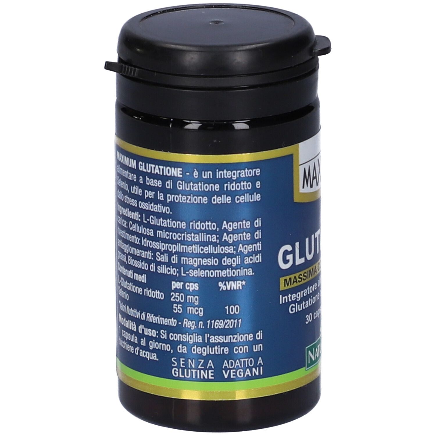Barattolo nero con elenco ingredienti e valori nutrizionali. Contiene L-Glutatione, Selenio. Vegano.