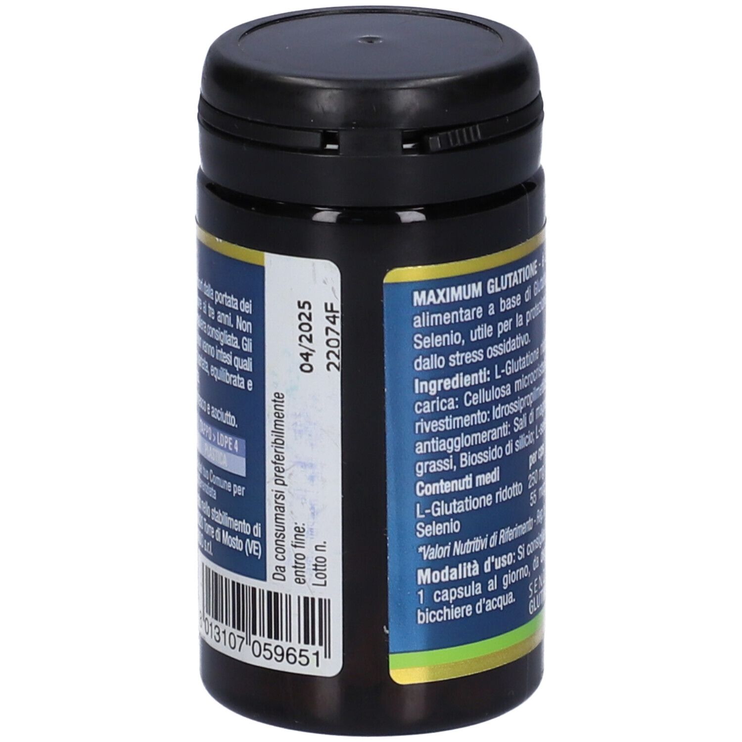 Barattolo nero con scadenza 04/2025 e numero di lotto. Contiene informazioni sull'uso.