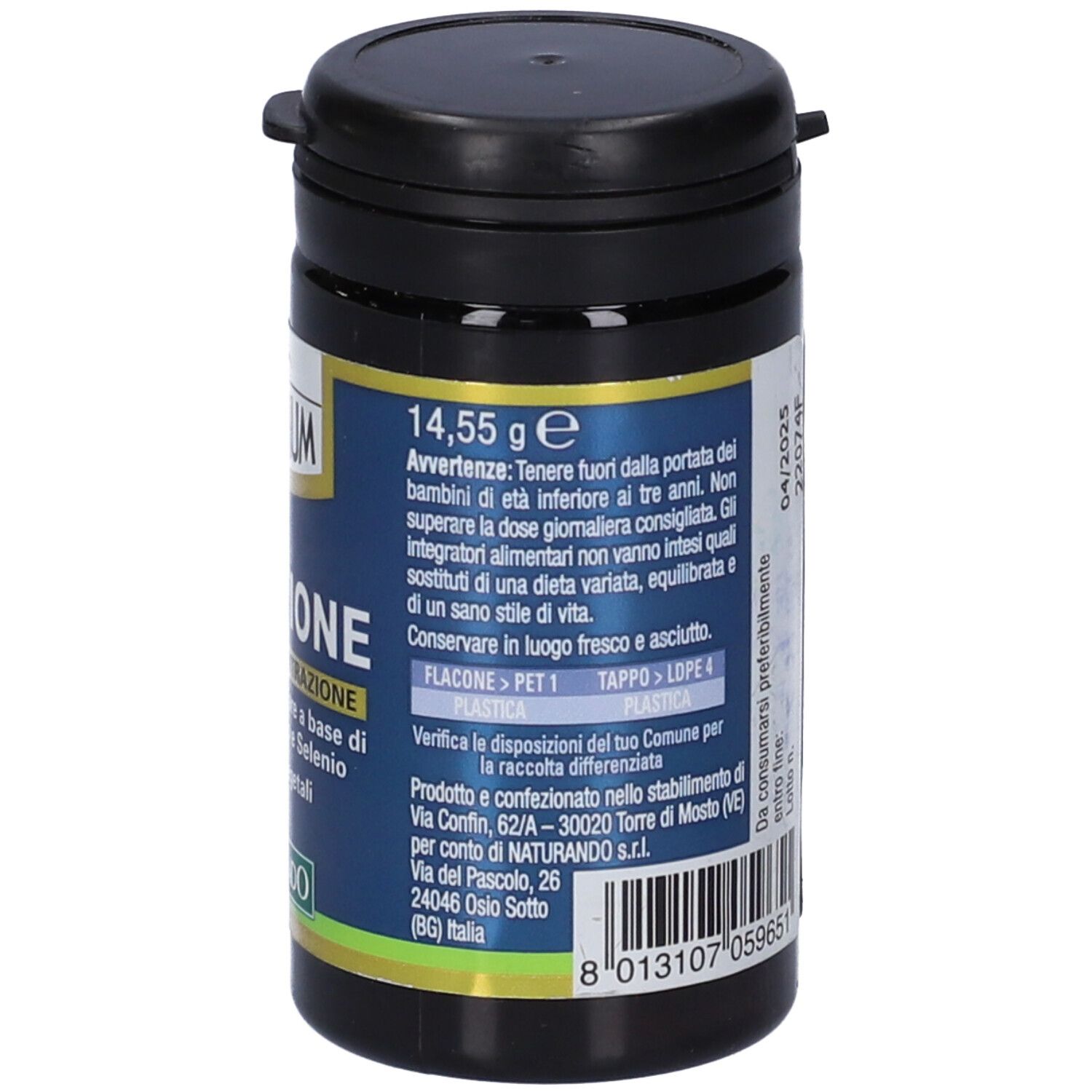 Barattolo nero con scritta MAXIMUM GLUTATIONE. 30 capsule vegetali. Logo Naturando.