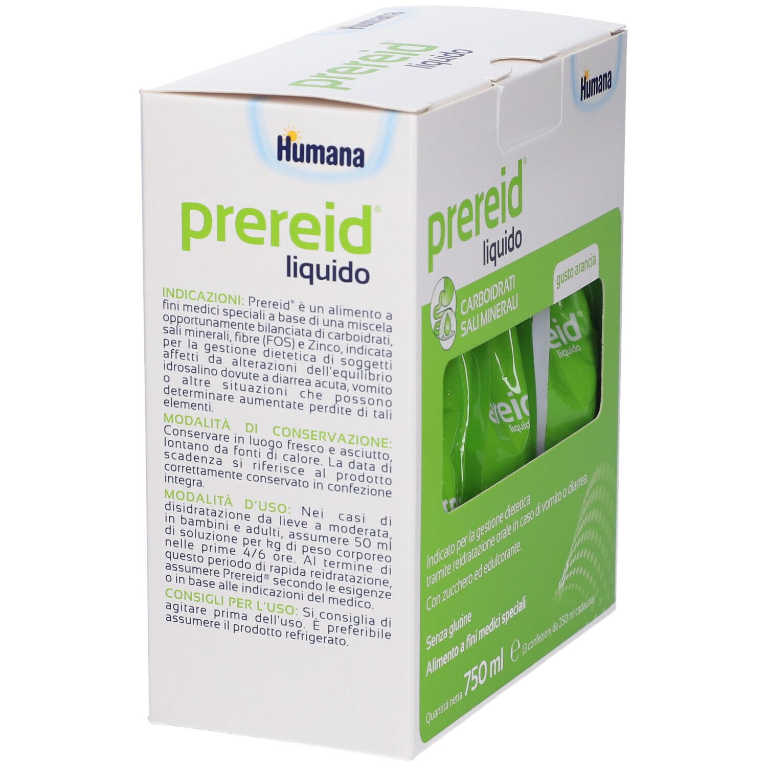 Confezione bianca con testo. Scritta: Prereid liquido. Contiene carboidrati, sali minerali. Marchio: Humana. Testo su ingredienti e uso.