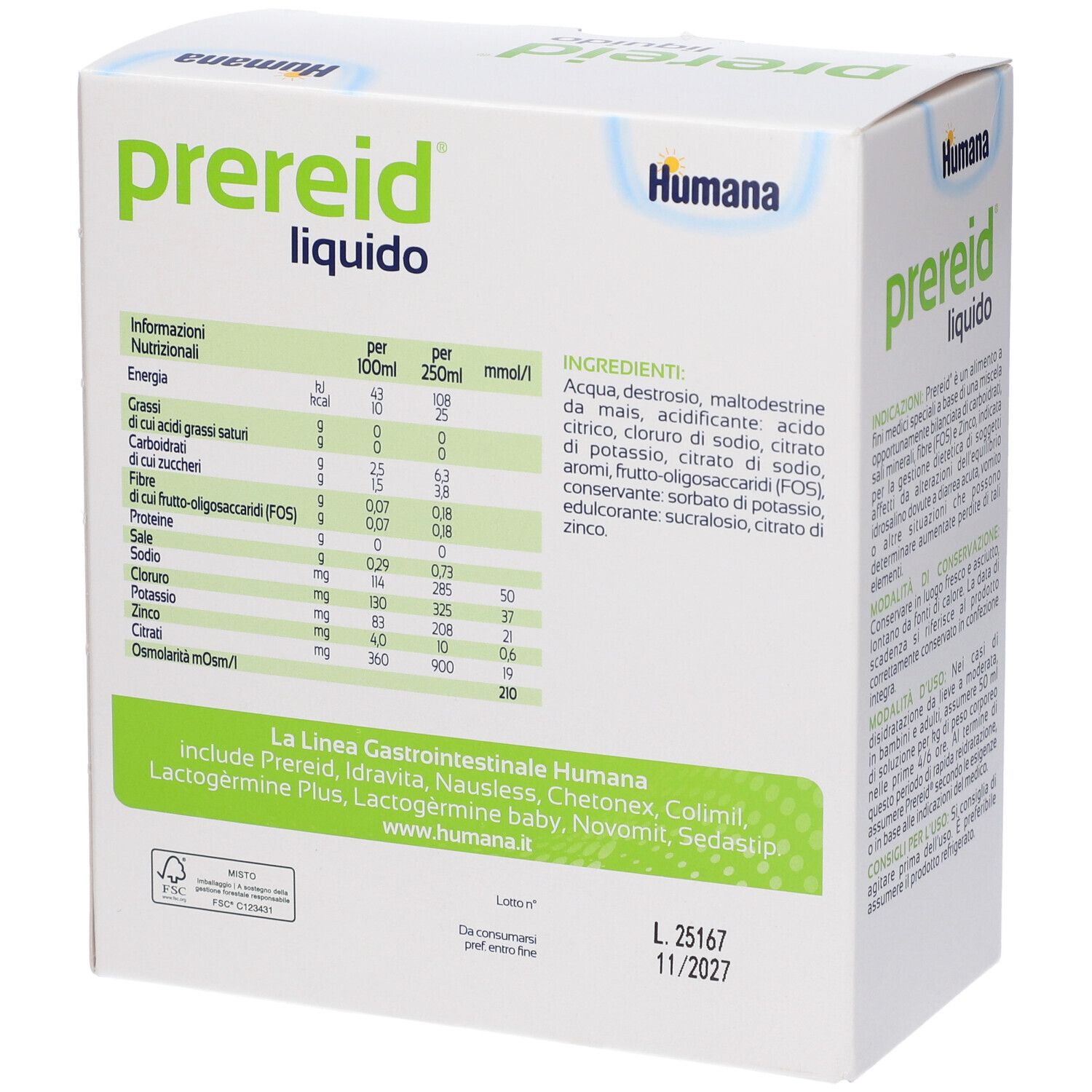 Confezione bianca con testo. Scritta: Prereid liquido. Marchio: Humana. Informazioni nutrizionali e lista ingredienti. Testo in italiano.