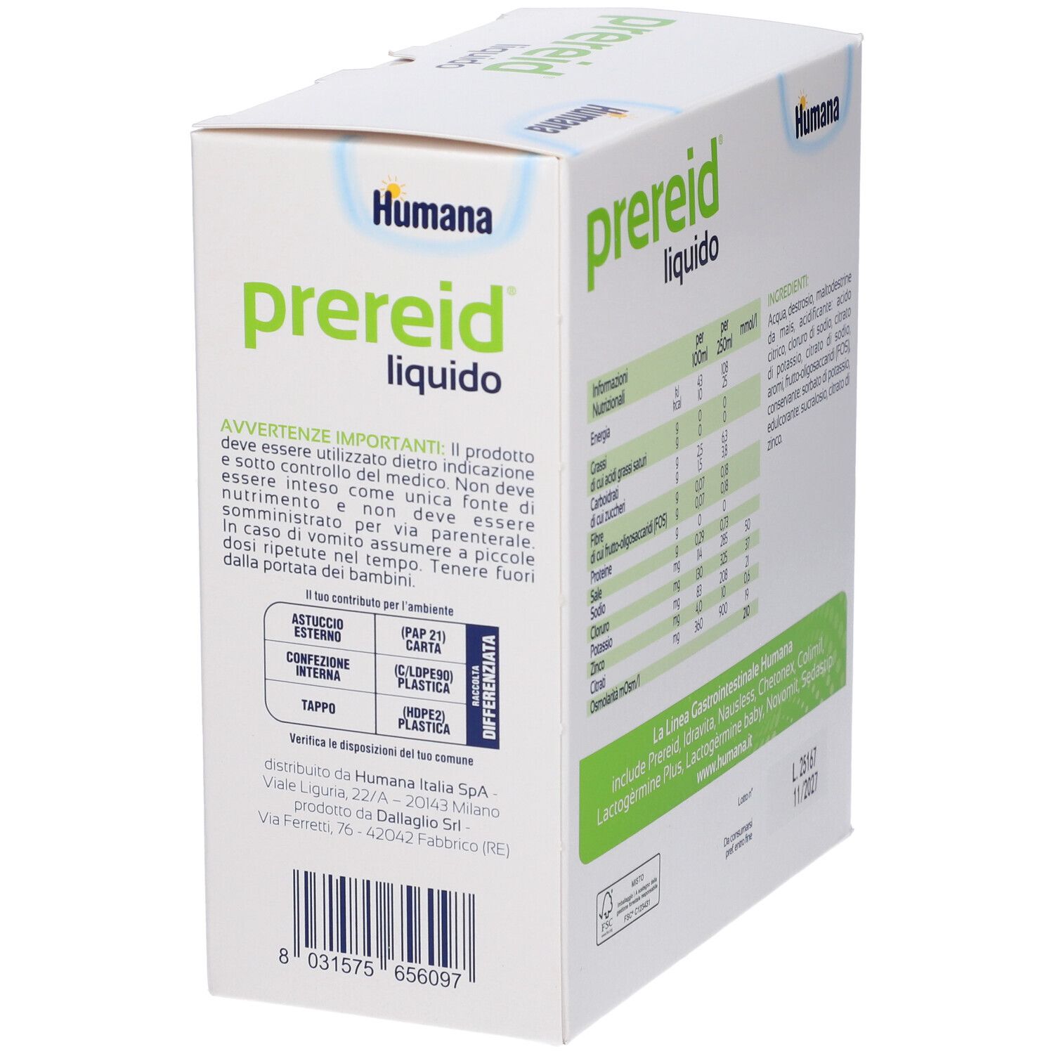 Confezione bianca con testo. Scritta: Prereid liquido. Marchio: Humana. Testo su uso e avvertenze. Testo in italiano.