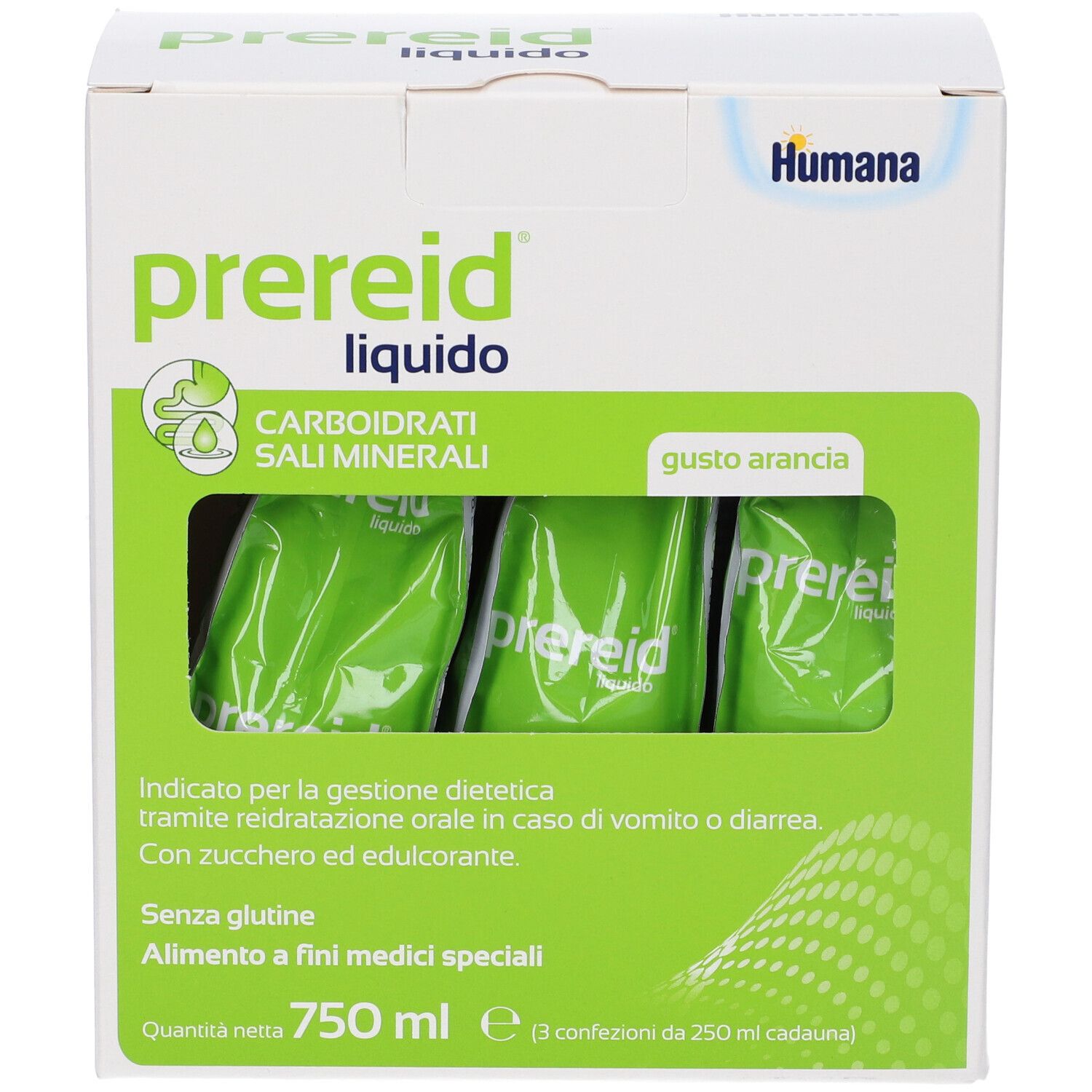 Confezione con tre bustine. Scritta: Prereid liquido, gusto arancia. Contiene carboidrati, sali minerali. Marchio: Humana.