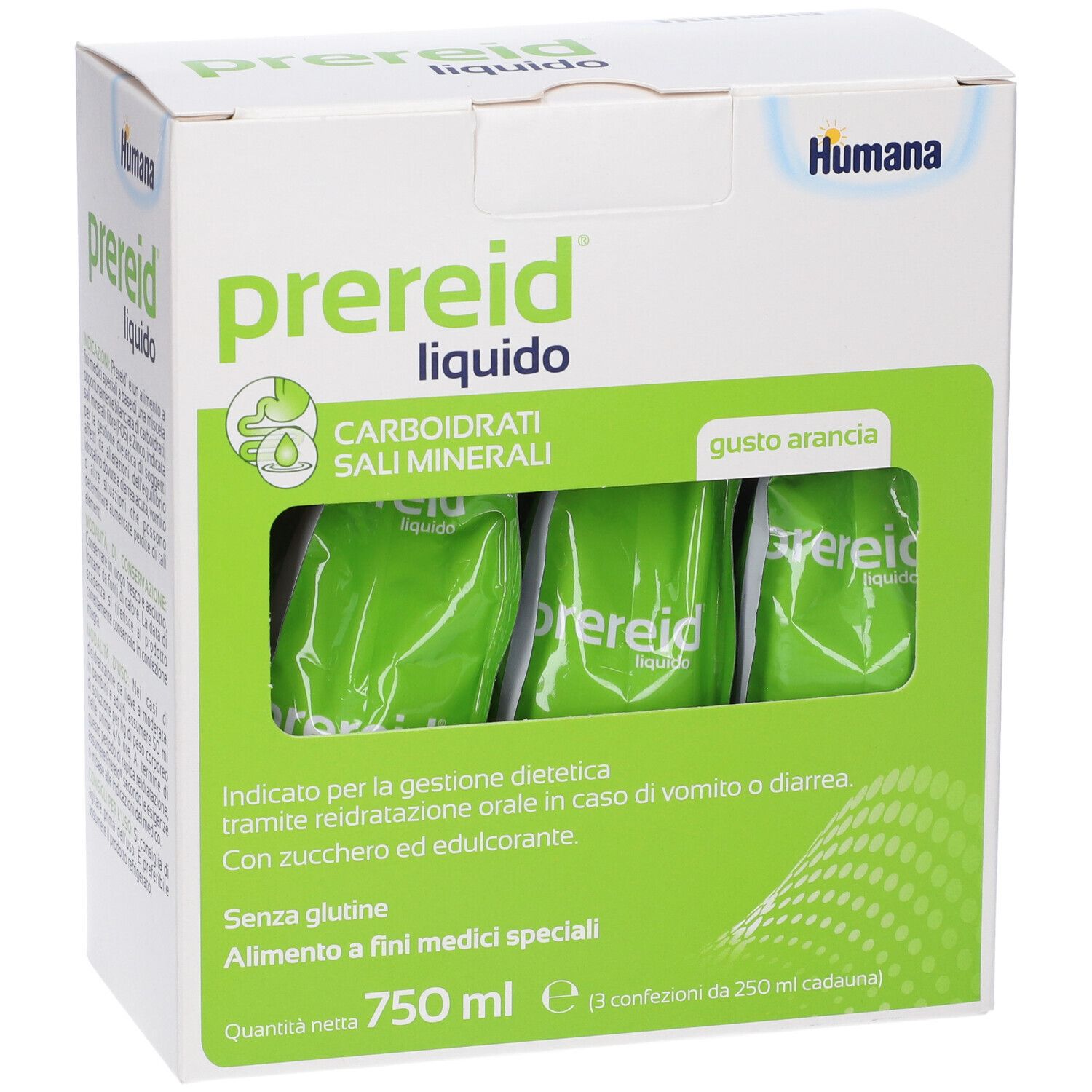 Confezione con tre bustine. Scritta: Prereid liquido, gusto arancia. Contiene carboidrati, sali minerali. Marchio: Humana.
