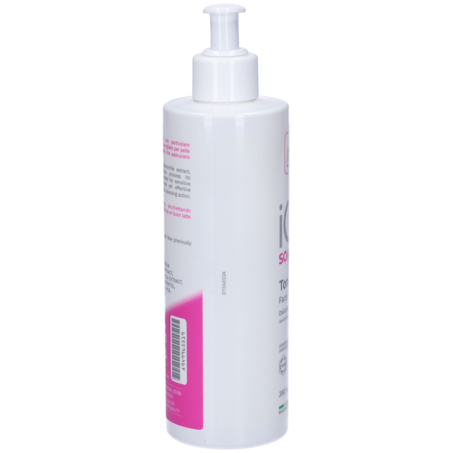 Flacone bianco con pompa ed etichetta rosa, con scritta 'ic
SO
Total
Idratante'.