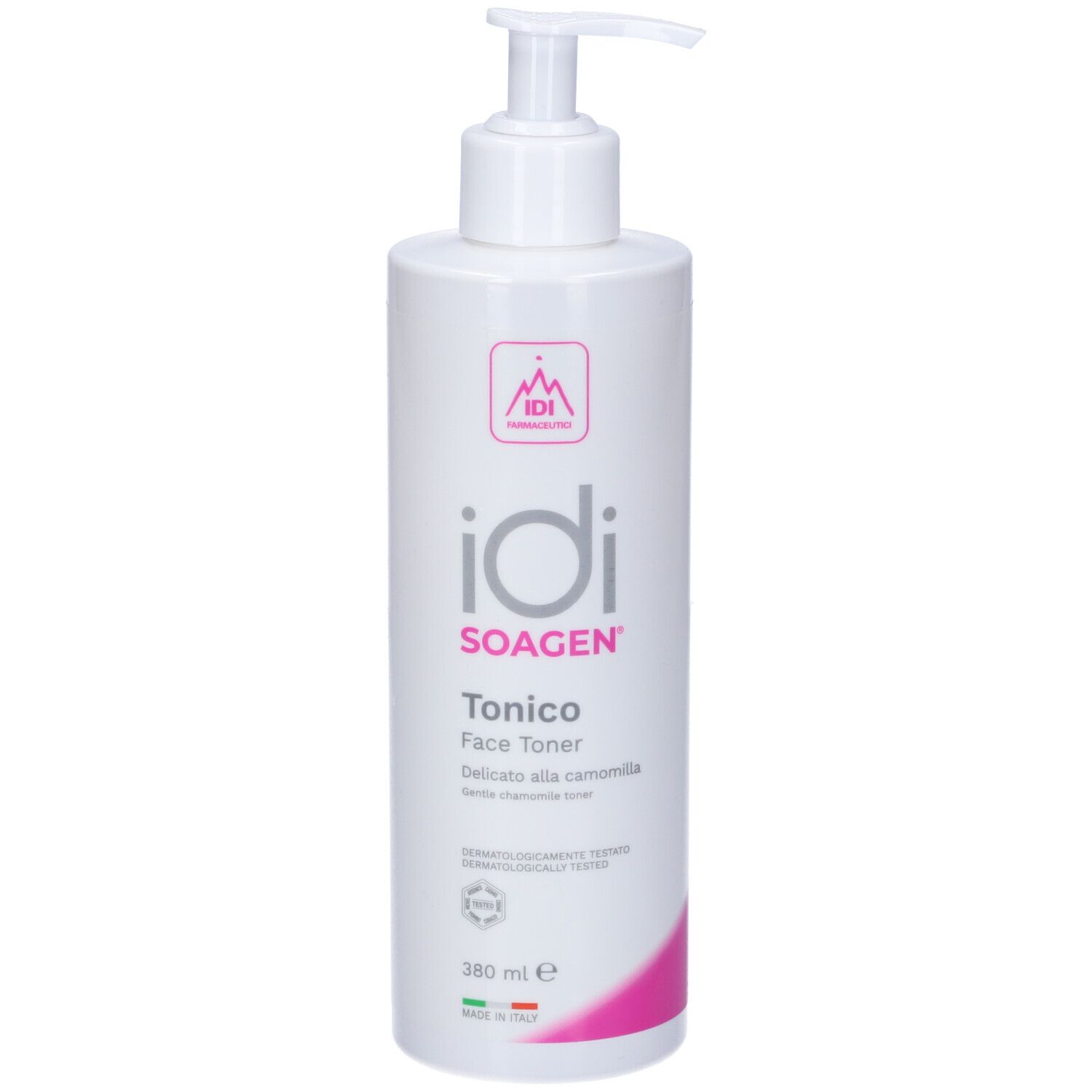 Flacone bianco con pompa contenente IDI SOAGEN Tonico Face Toner, 380 ml.