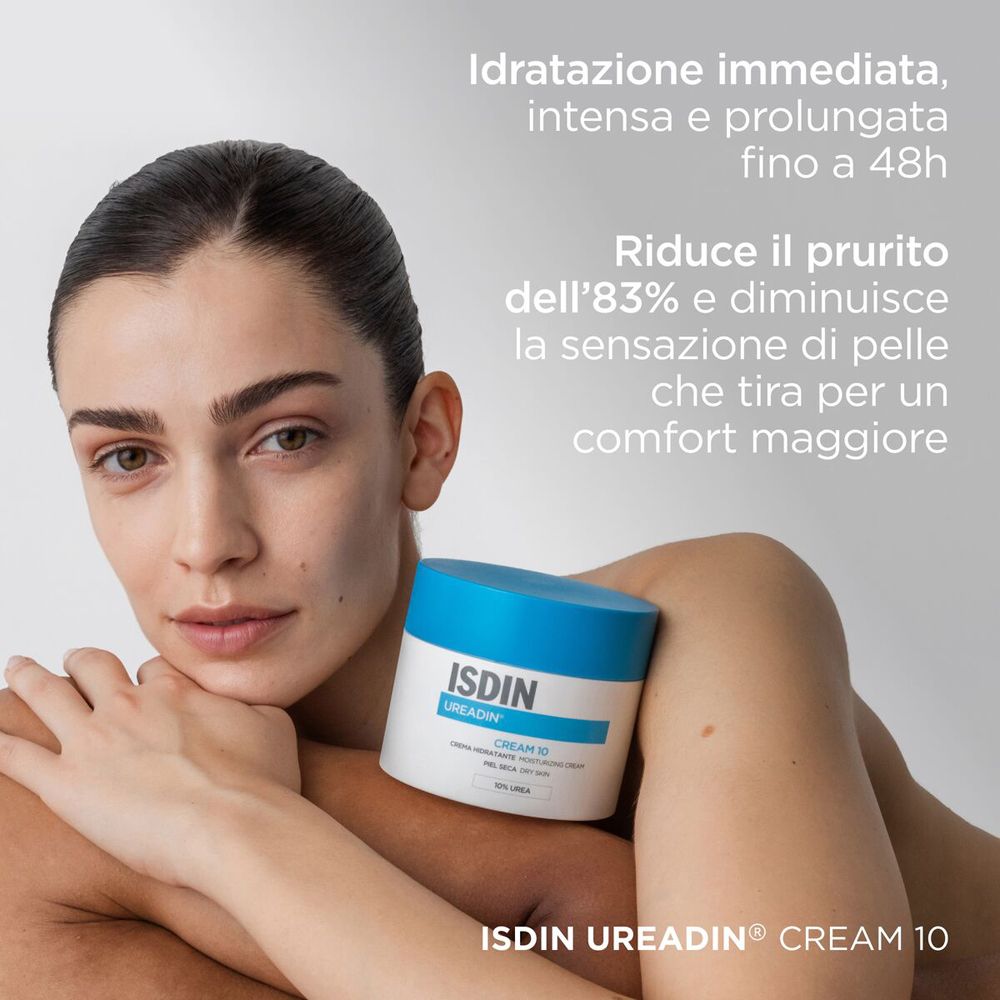 Vasetto ISDIN Ureadin Cream 10 con coperchio blu.