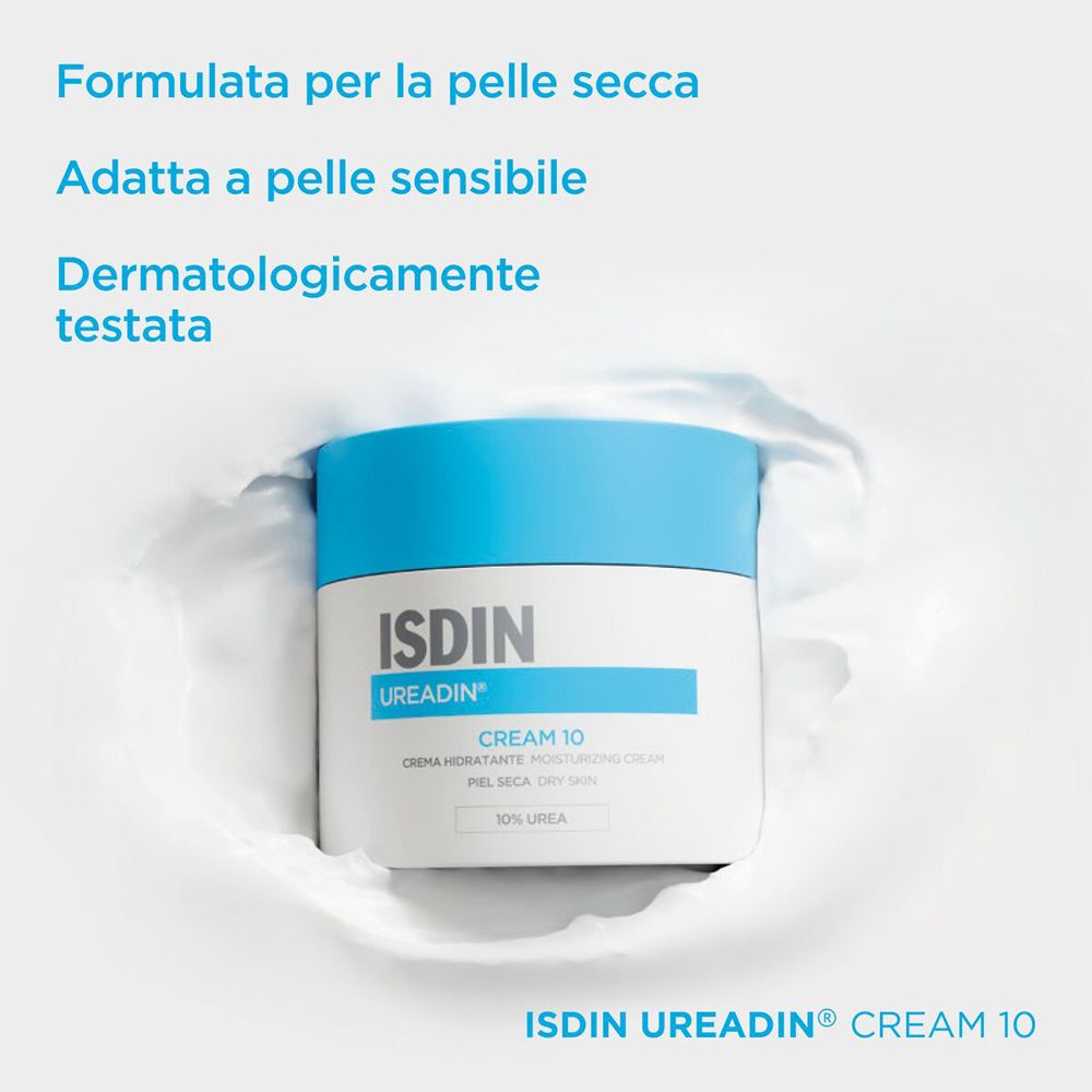 ISDIN Ureadin Cream 10 Crema idratante in vaso bianco con tappo blu.