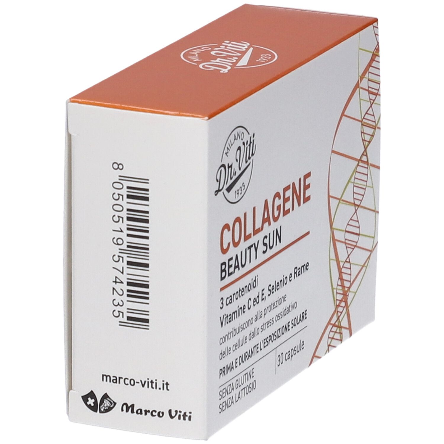 Scatola COLLAGENE BEAUTY SUN. Codice a barre e testo sul lato. Marchio Dr. Viti. Confezione bianca e arancione.