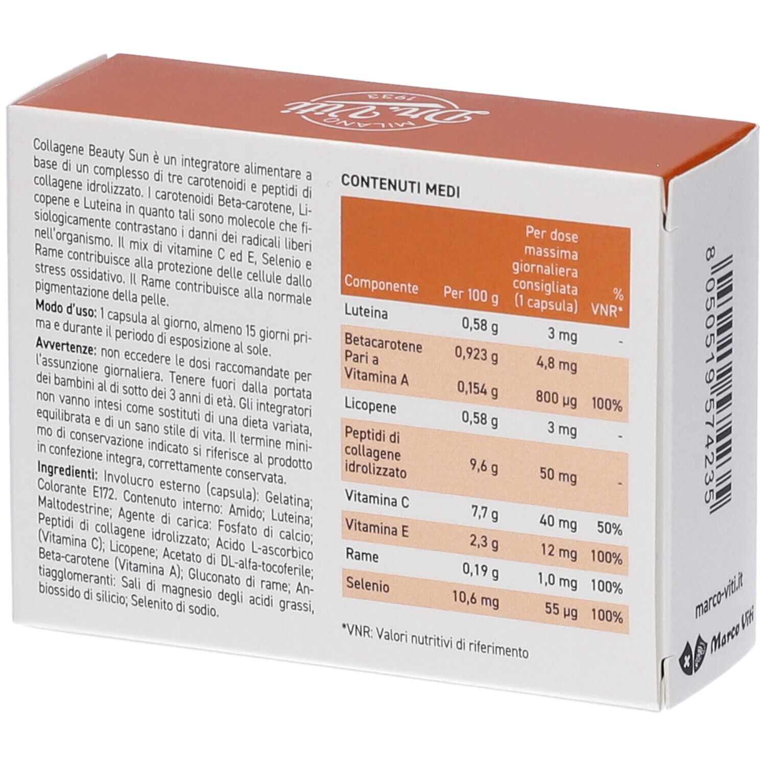Retro della confezione COLLAGENE BEAUTY SUN. Ingredienti e tabella nutrizionale. Marchio Dr. Viti.