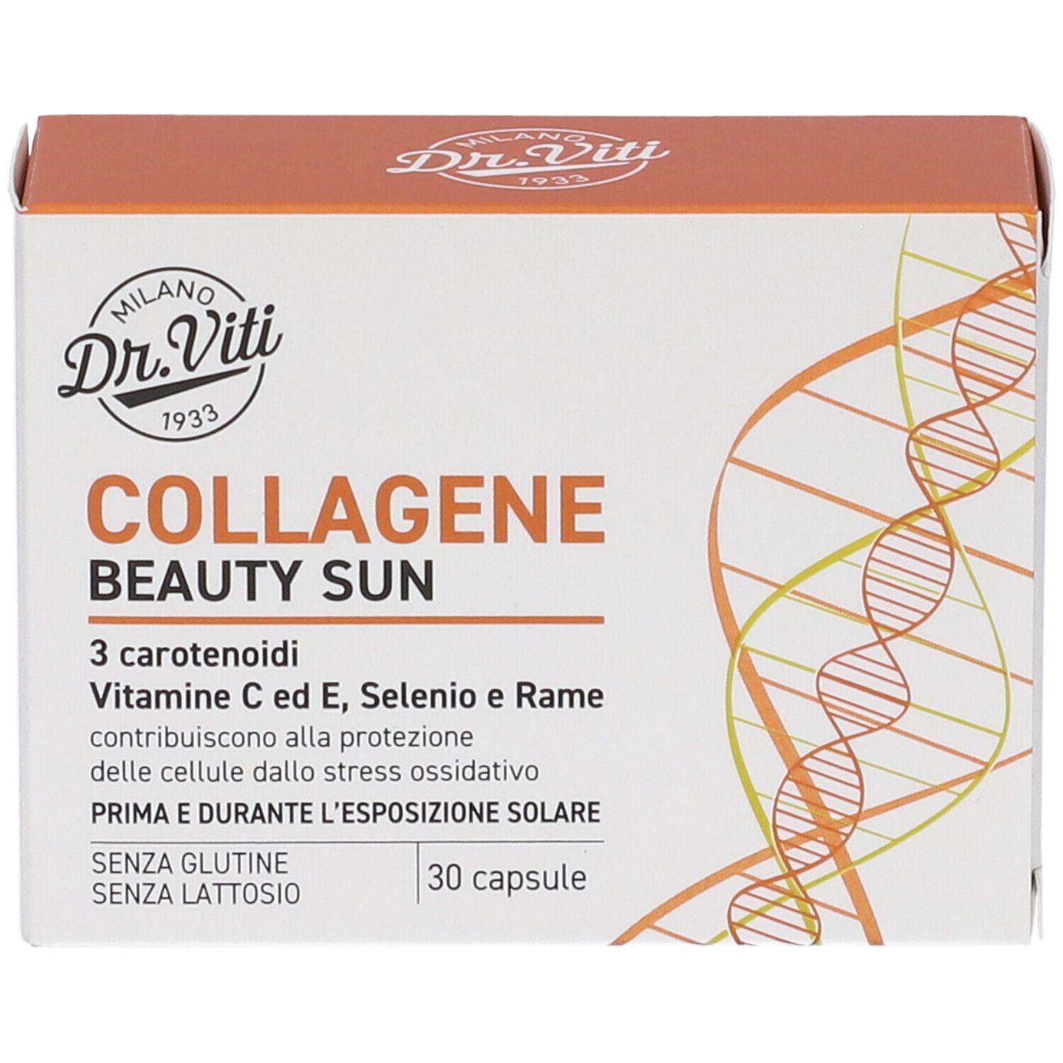 Fronte della confezione COLLAGENE BEAUTY SUN. Marchio Dr. Viti. Testo: 30 capsule, senza glutine, senza lattosio.