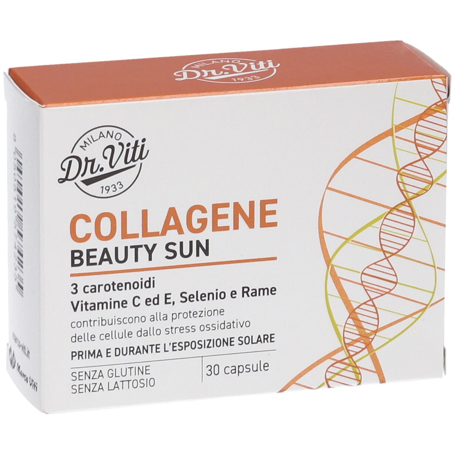 Fronte della confezione COLLAGENE BEAUTY SUN. Marchio Dr. Viti. Testo: 30 capsule, senza glutine, senza lattosio.
