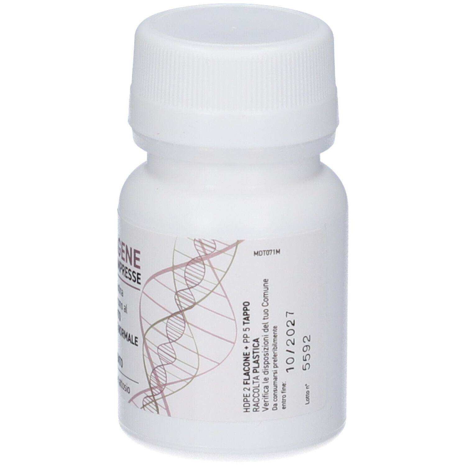 Flacone bianco con tappo a vite. Scritta: HDPE 2 FLACONE + PP 5 TAPPO. Data di scadenza: 10/2027.