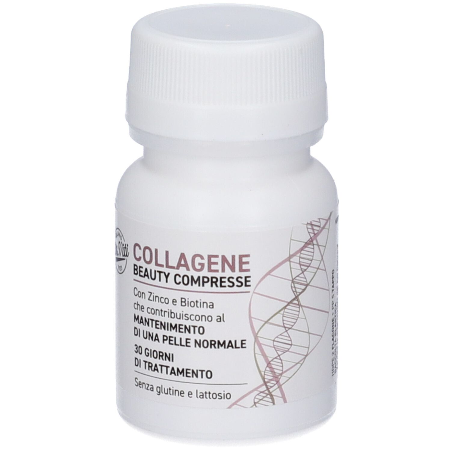 Flacone bianco con tappo a vite. Scritta: Collagene Beauty Compresse. Contiene zinco e biotina. Trattamento 30 giorni. Senza glutine e lattosio.
