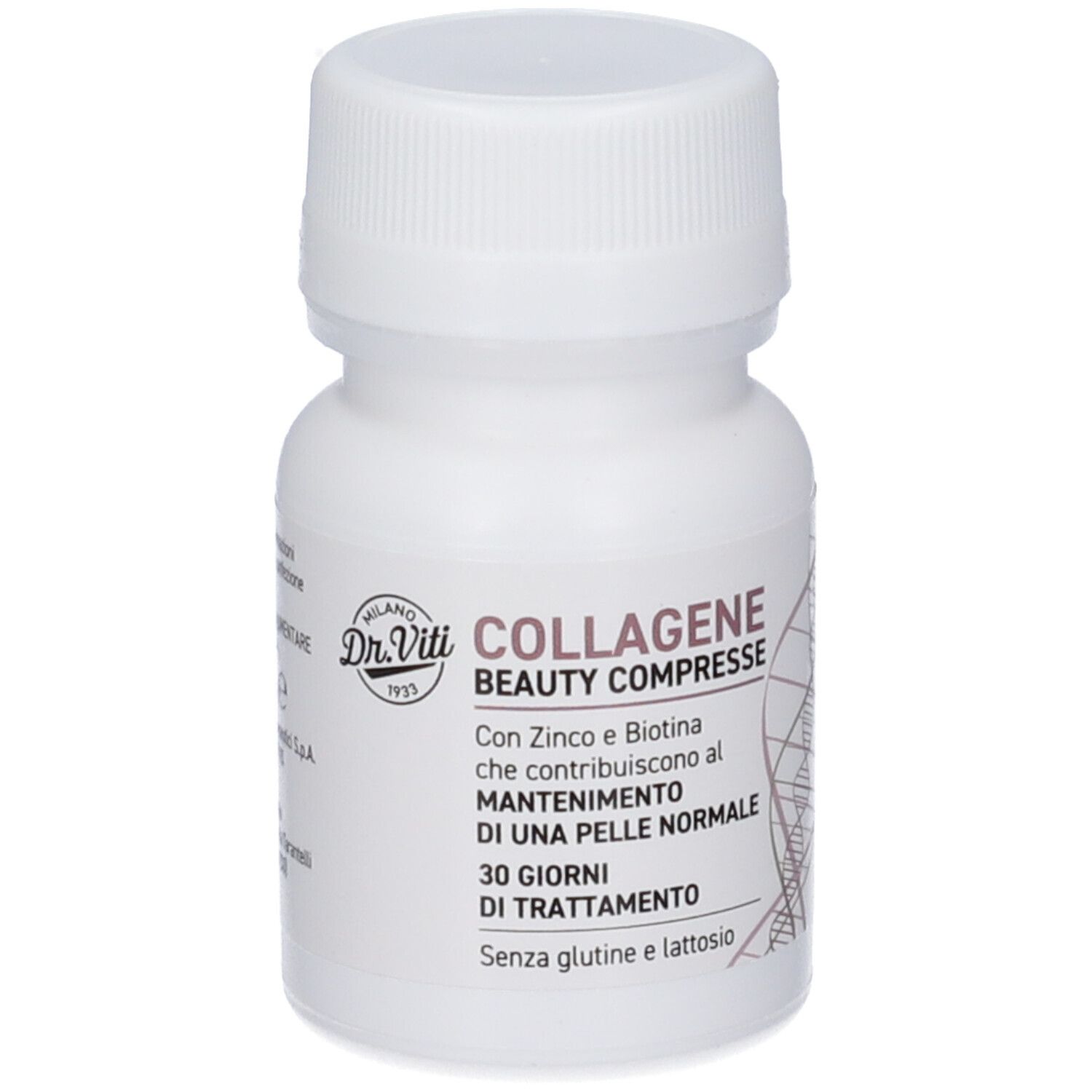 Flacone bianco con tappo a vite. Scritta: Collagene Beauty Compresse. Contiene zinco e biotina. Trattamento 30 giorni. Senza glutine e lattosio.
