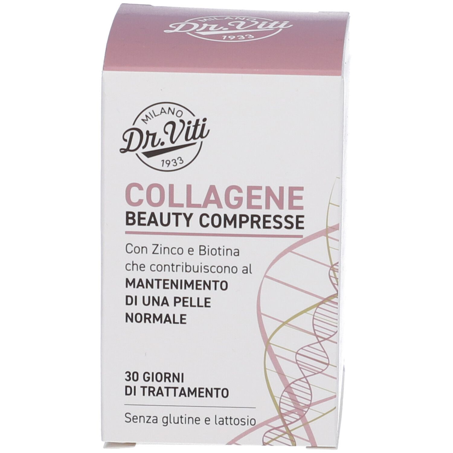 Confezione in cartone con scritta: Collagene Beauty Compresse. Contiene zinco e biotina. Trattamento 30 giorni. Senza glutine e lattosio.