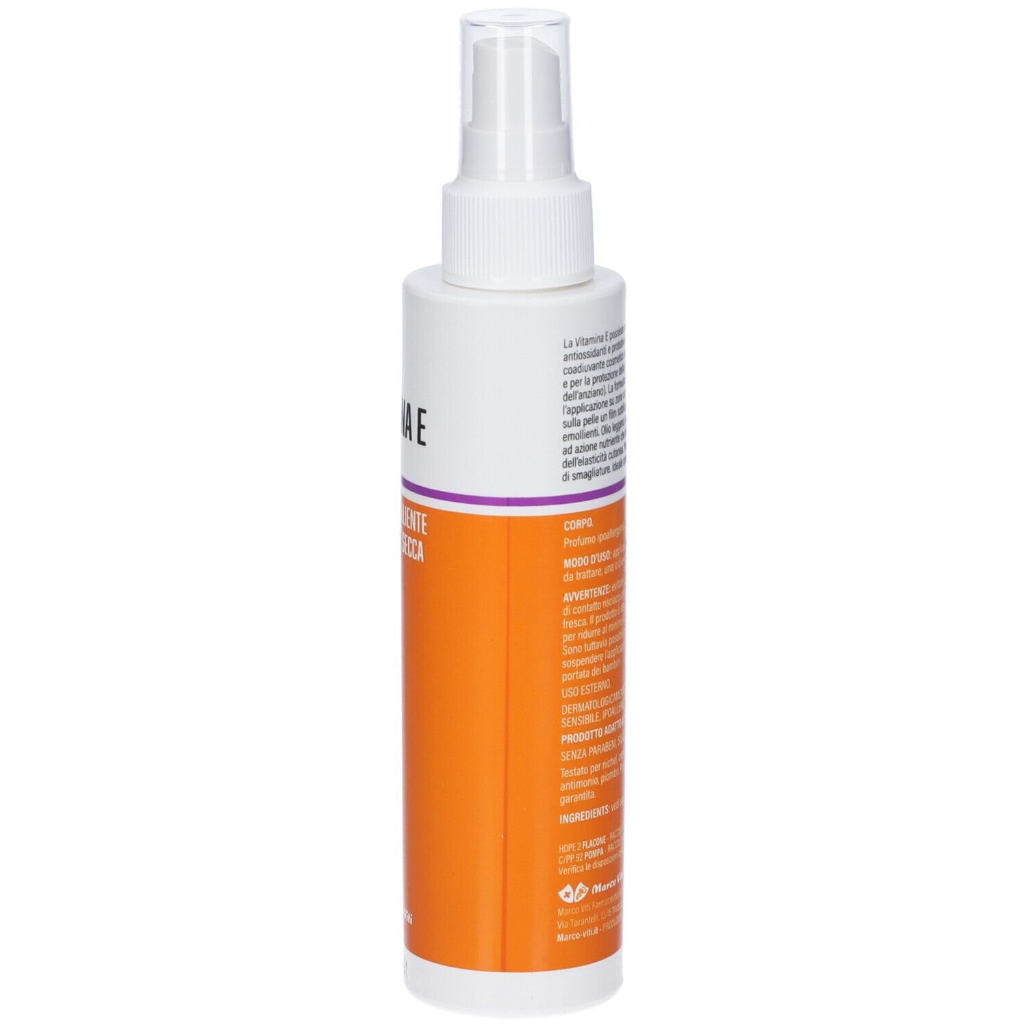 Flacone spray bianco e arancione. Scritta: Vitamina E Spray. Testo: Azione emolliente della pelle secca e sottile. Retro.