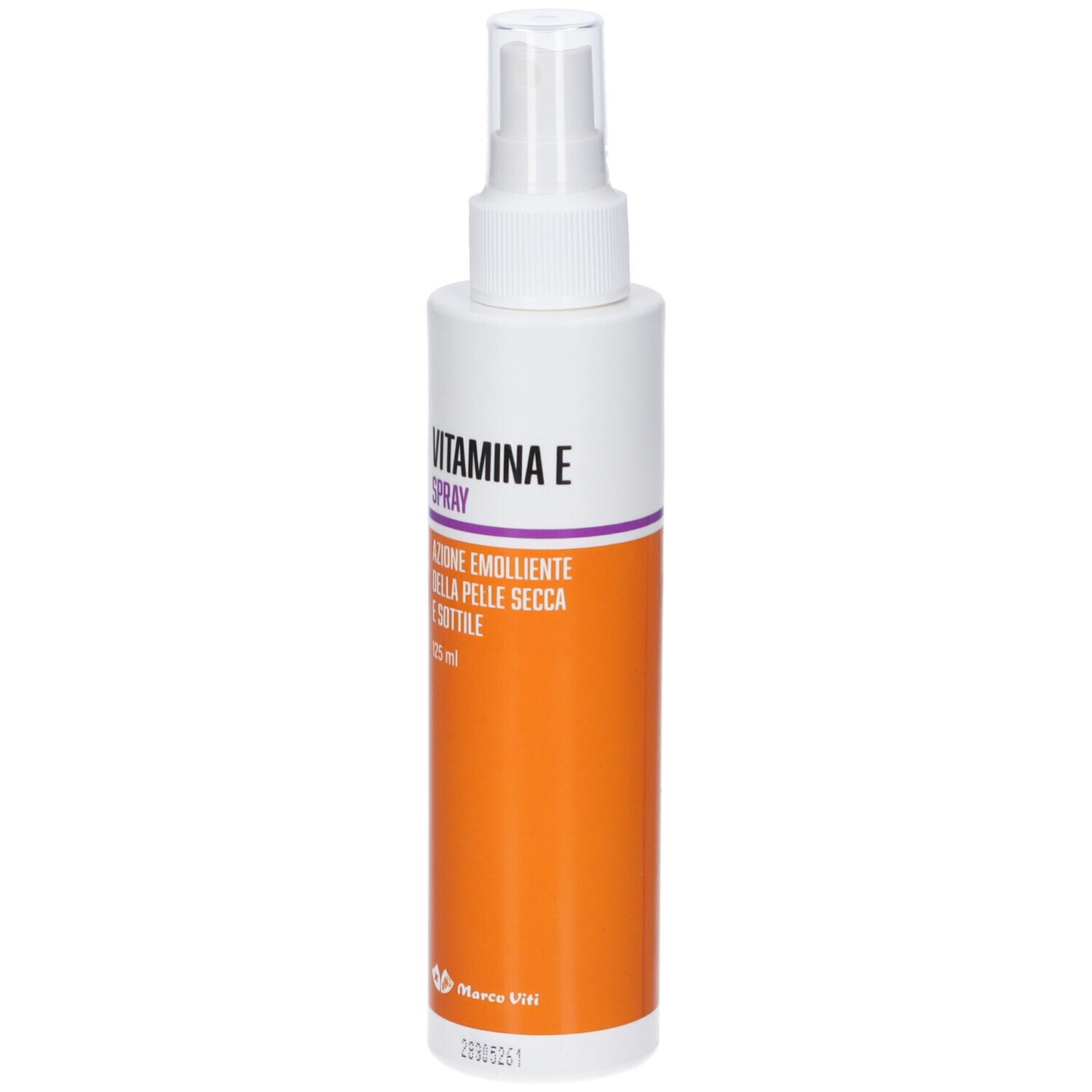 Flacone spray bianco e arancione. Scritta: Vitamina E Spray. Testo: Azione emolliente della pelle secca e sottile. Marchio Marco Viti.