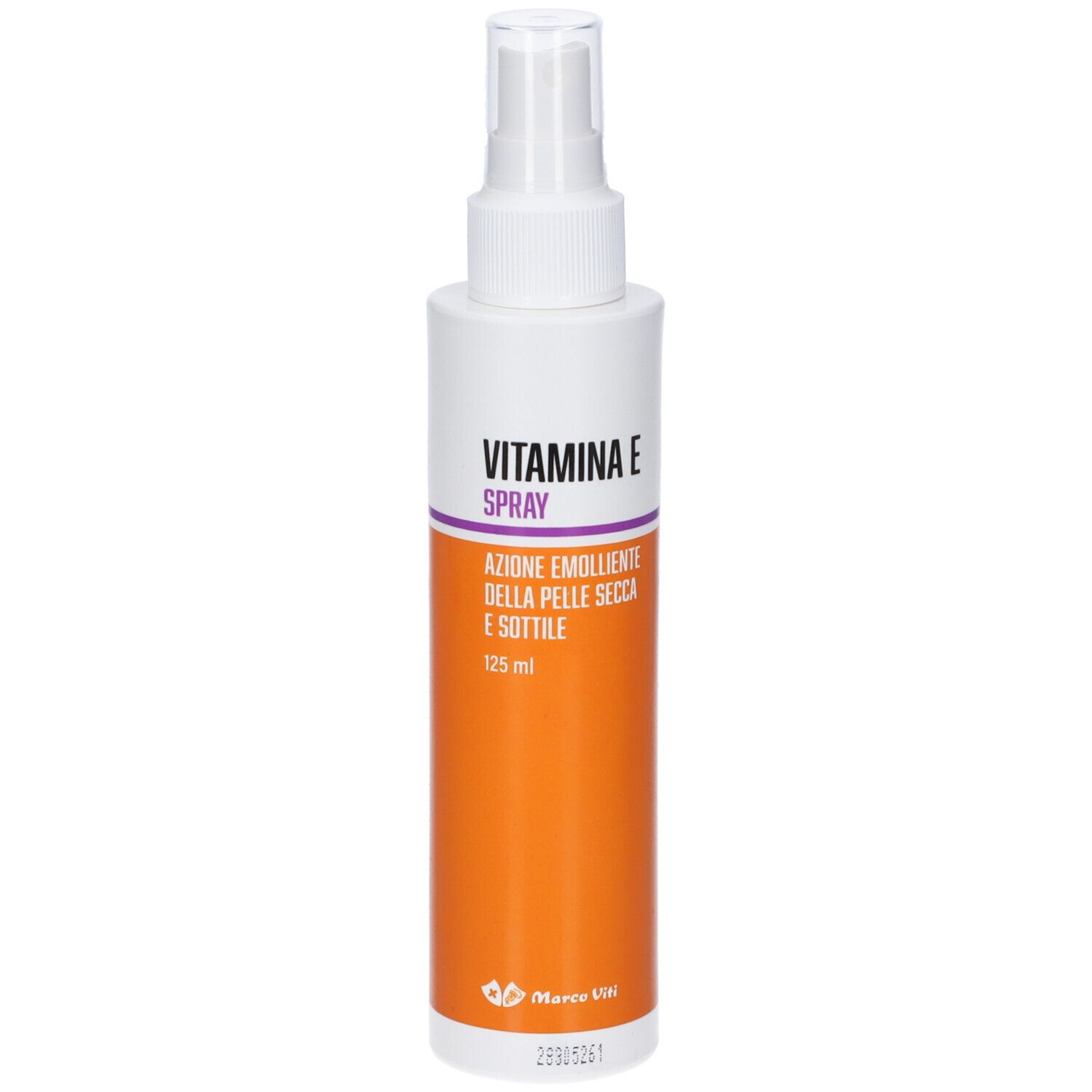 Flacone spray bianco e arancione. Scritta: Vitamina E Spray. Testo: Azione emolliente della pelle secca e sottile. Marchio Marco Viti.