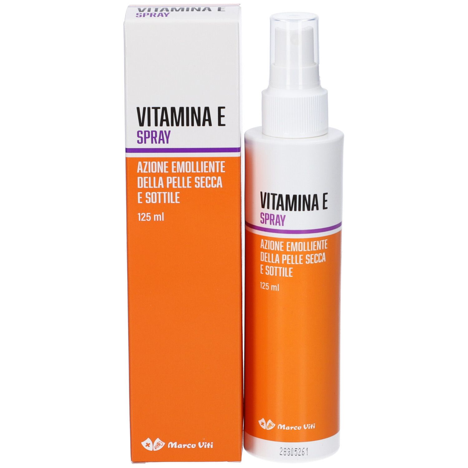 Flacone e confezione Vitamina E Spray. Scritta: Vitamina E Spray. Testo: Azione emolliente della pelle secca e sottile. Marchio Marco Viti.
