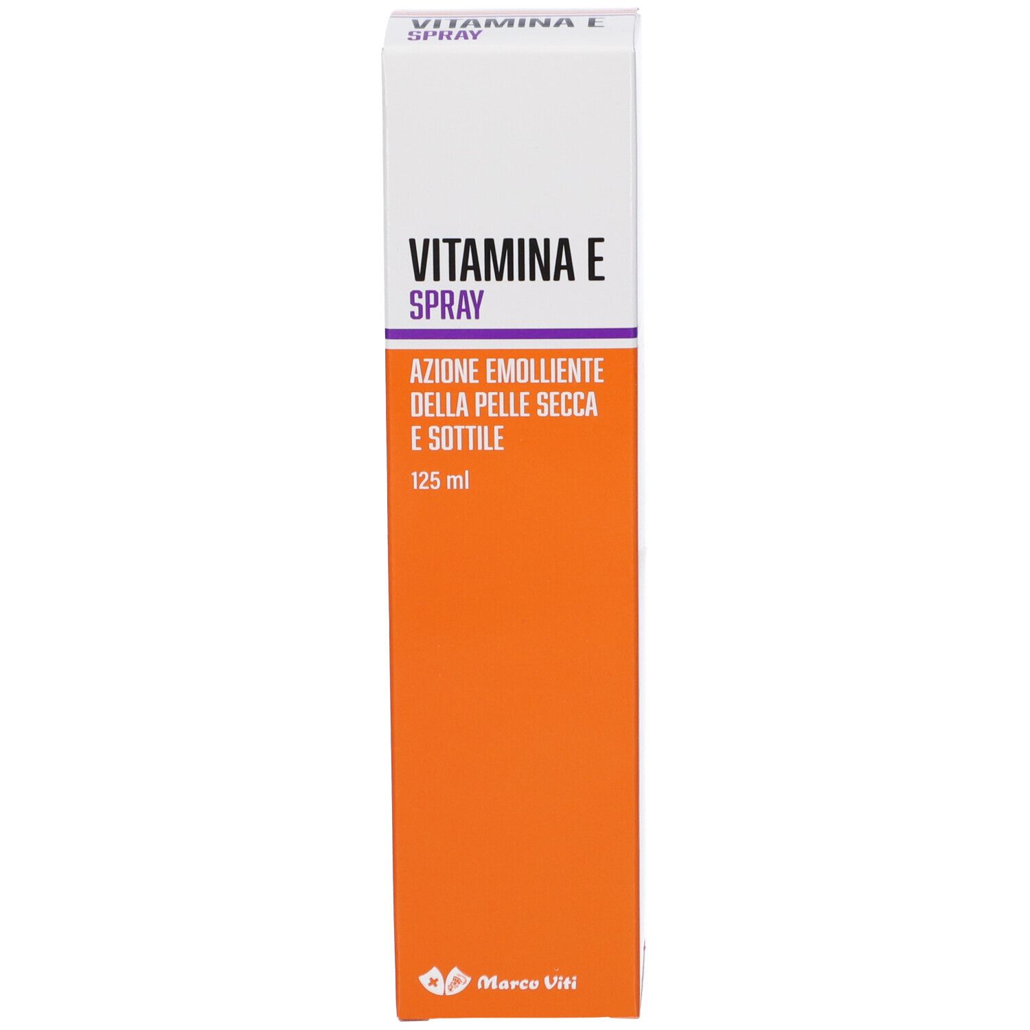 Confezione di Vitamina E Spray. Scritta: Vitamina E Spray. Testo: Azione emolliente della pelle secca e sottile. Marchio Marco Viti.
