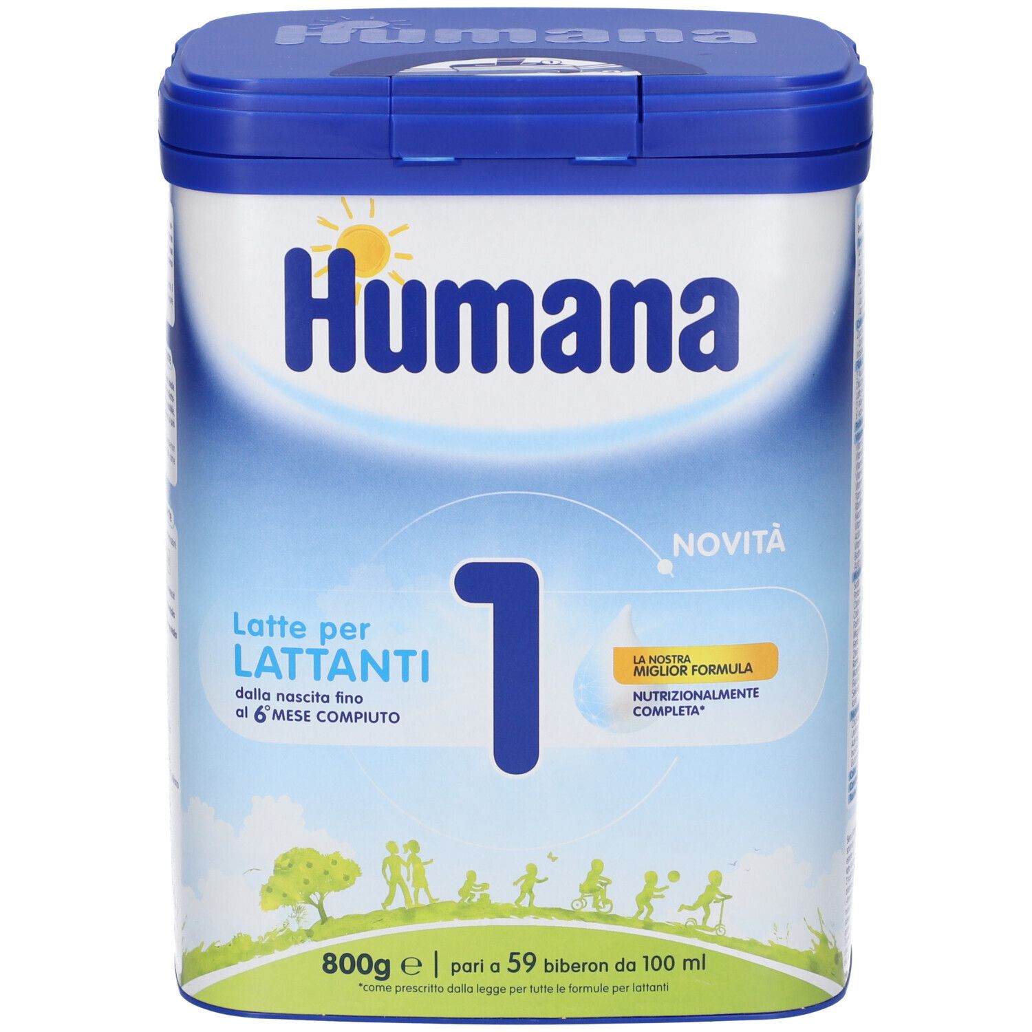 Retro della lattina di latte in polvere Humana 1. Testo in italiano. Contiene informazioni sull'uso e gli ingredienti.