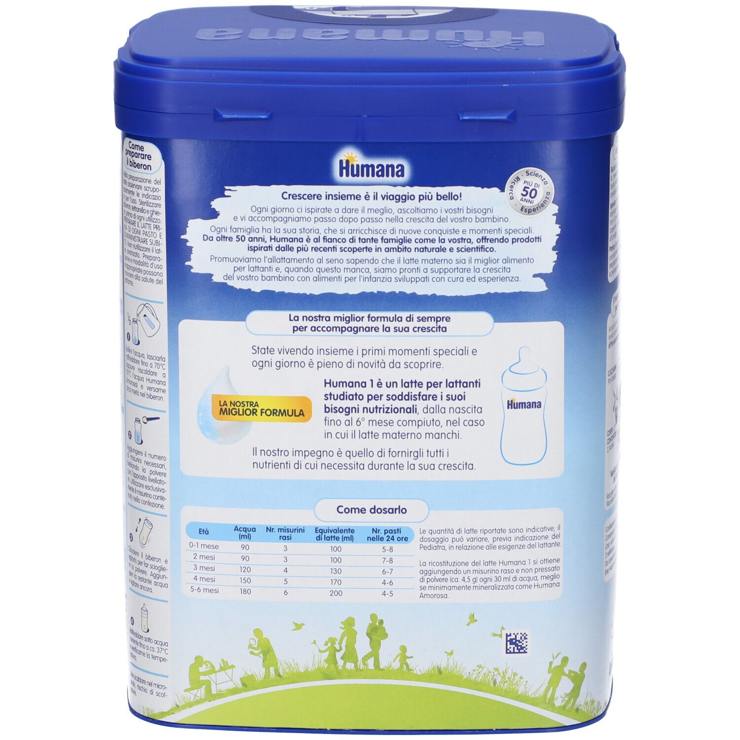 Lattina di latte in polvere Humana 1. Lattina blu con coperchio. Scritta: Humana, 1, Latte per lattanti. 800g.