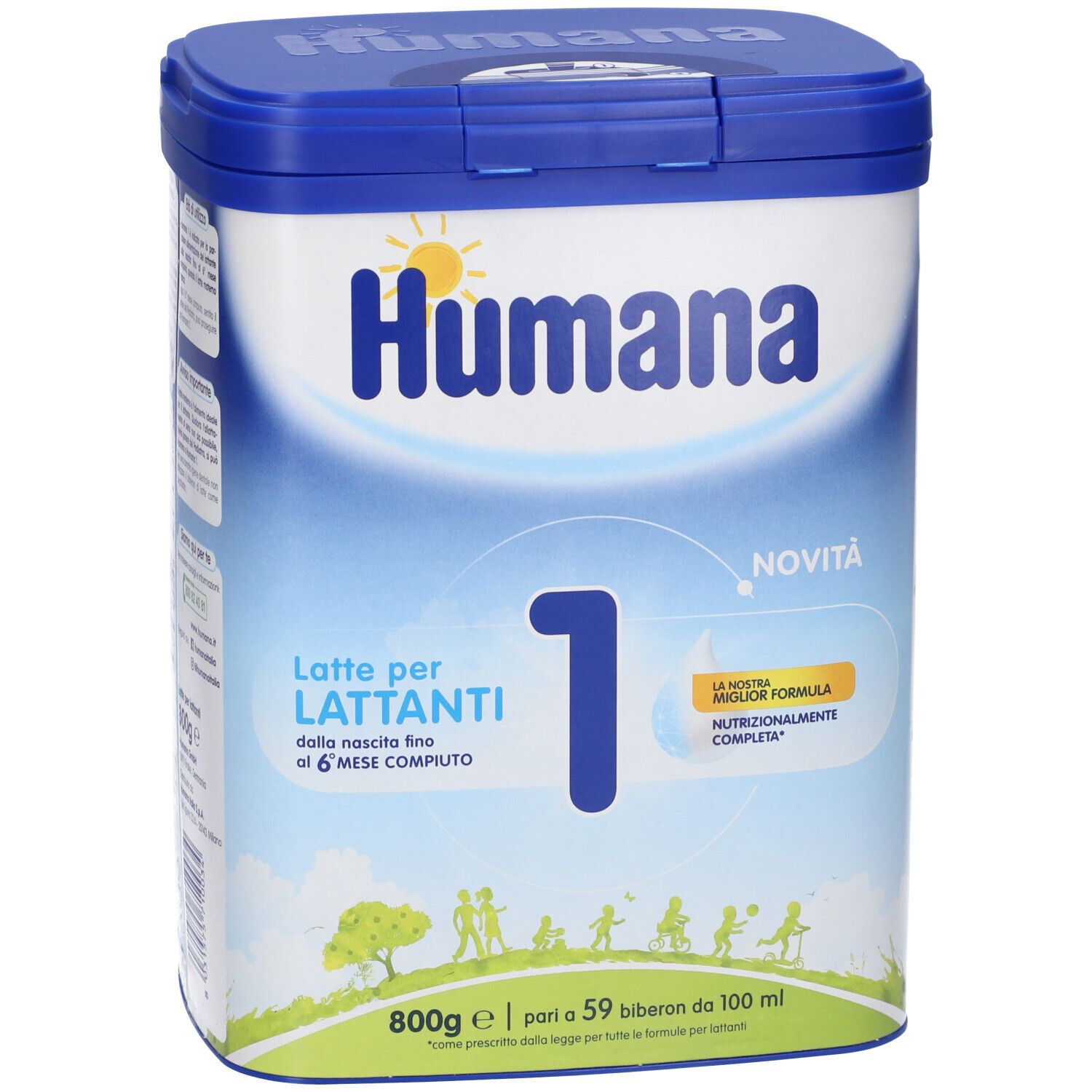 Lattina di latte in polvere Humana 1. Lattina blu con coperchio. Scritta: Humana, 1, Latte per lattanti. 800g.