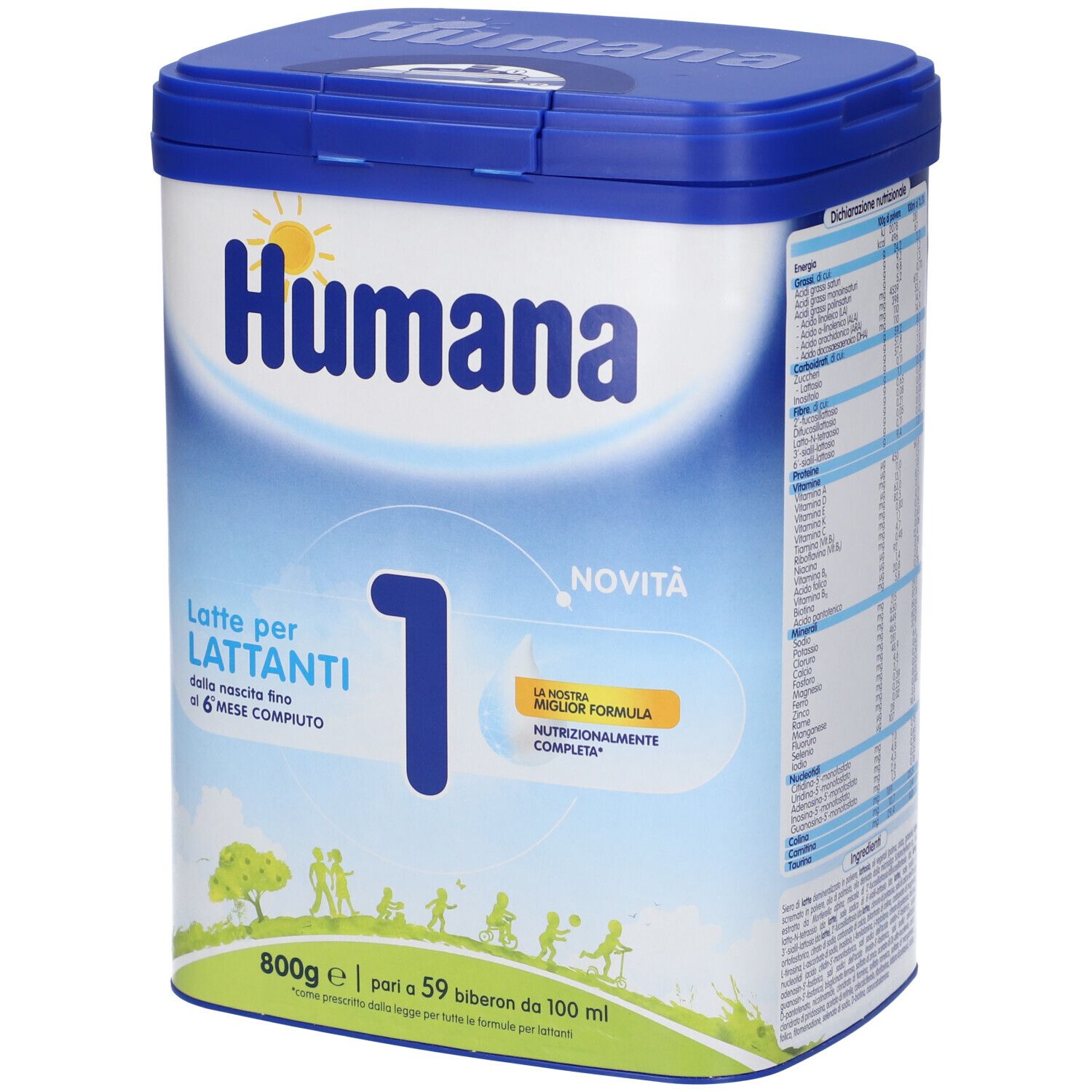 Lattina di latte in polvere Humana 1. Lattina blu con coperchio. Scritta: Humana, 1, Latte per lattanti. 800g.