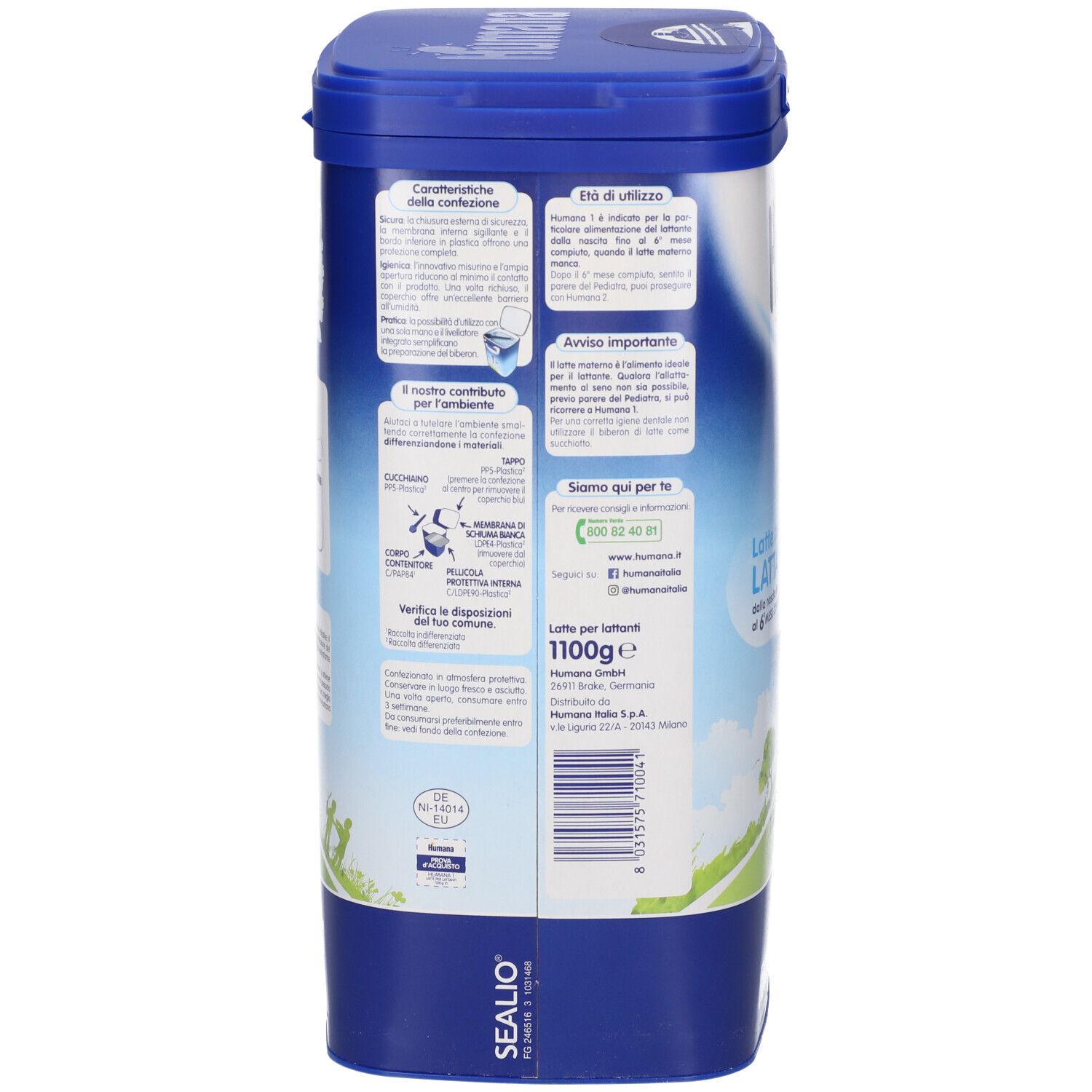 Retro del barattolo Humana 1. Barattolo blu con testo in italiano. Contiene informazioni sul prodotto.