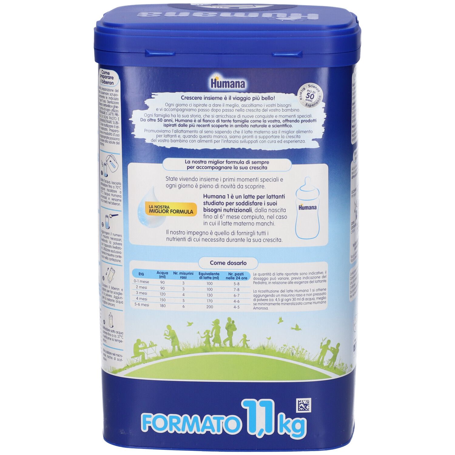 Retro del barattolo Humana 1. Barattolo blu con testo in italiano. Contiene informazioni sul prodotto.