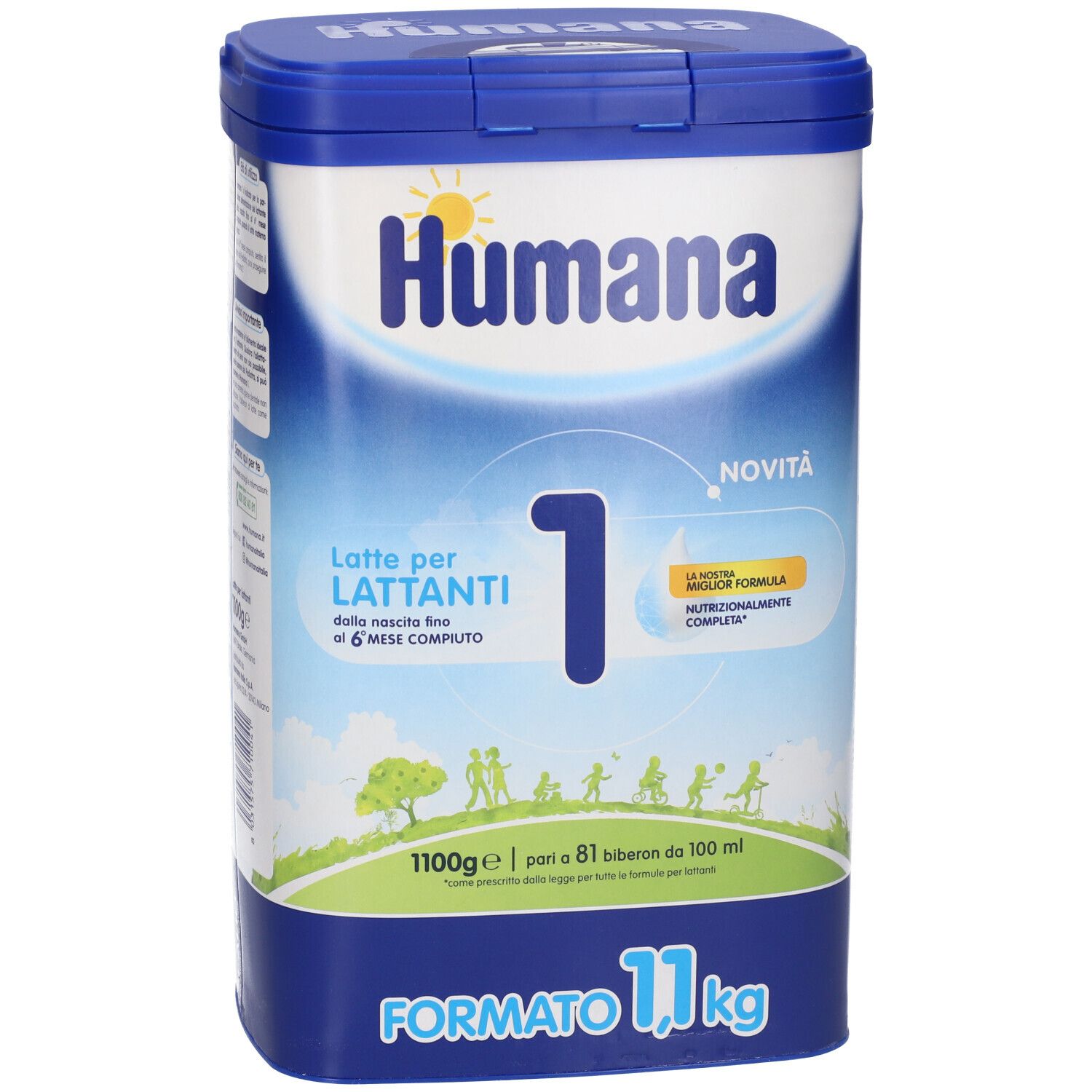 Humana 1 Latte per Lattanti. Barattolo blu con etichetta bianca. Scritta Humana, 1, Latte per Lattanti, 1100g.